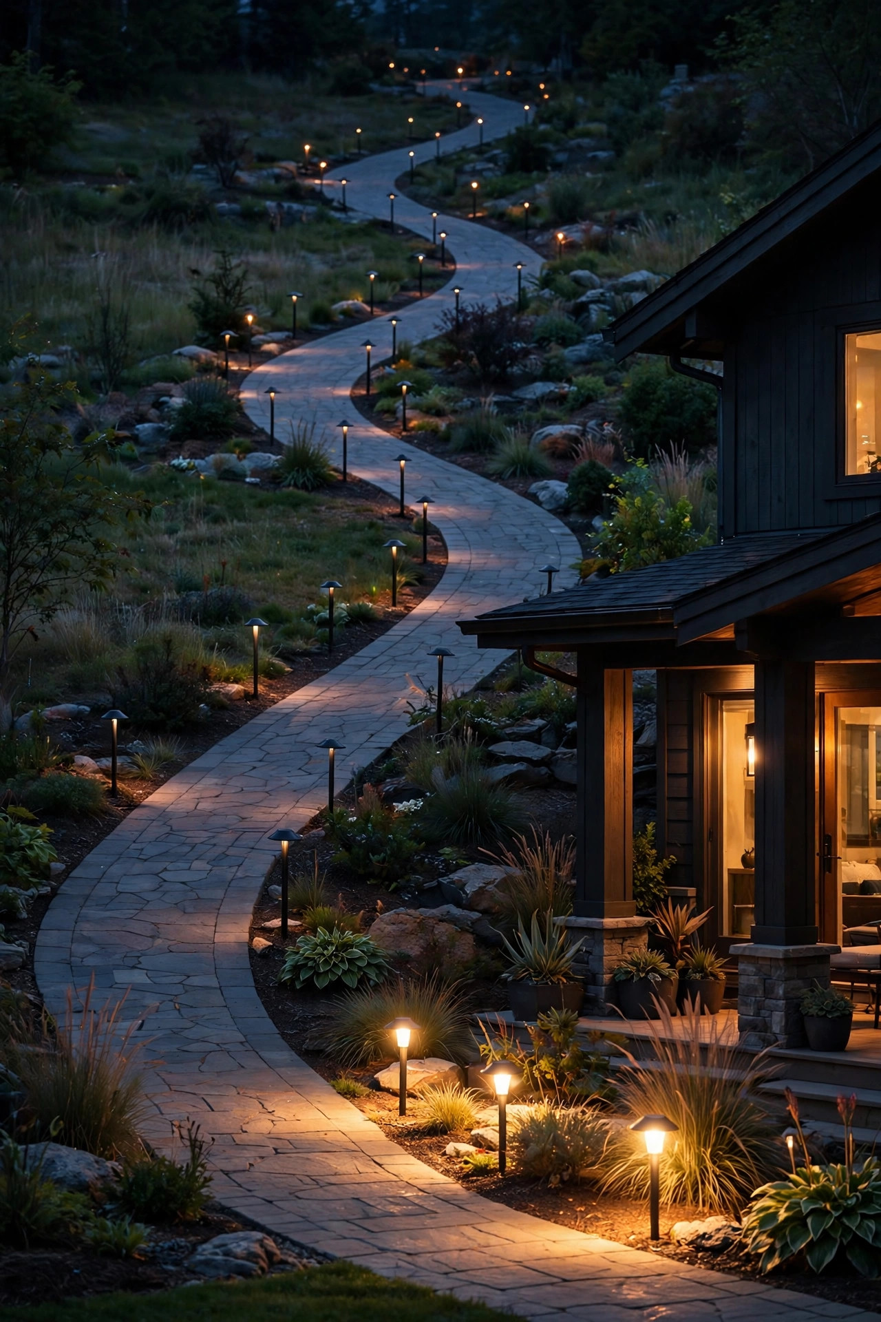 Row of LED path lights along a curved walkway at dusk, bright and warm near the house and flickering dim at the far end of the run, showing voltage drop