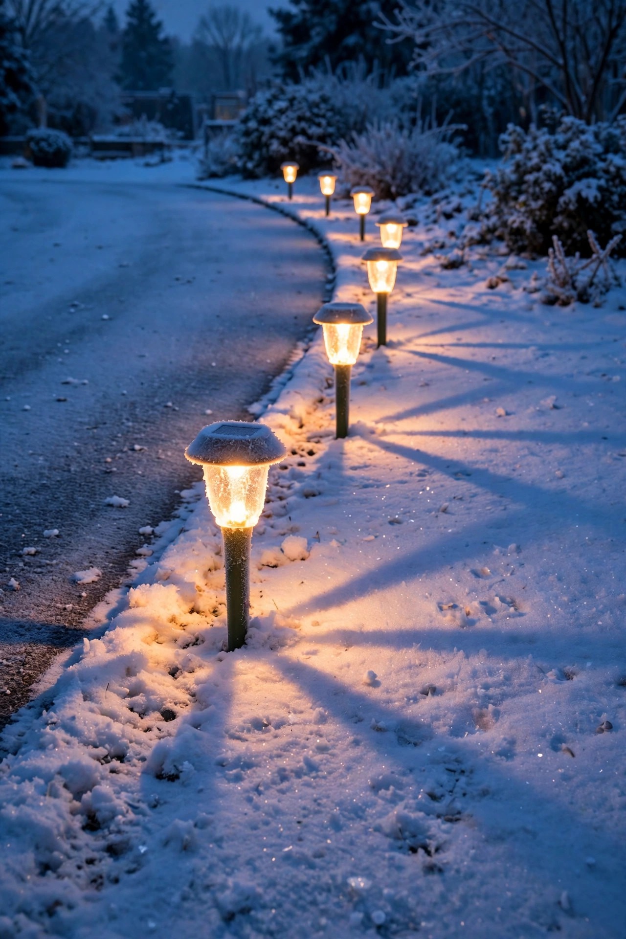 Snowy driveway edge at dusk in winter, bright warm low-voltage lights glowing strongly beside frosted solar stakes, long blue evening shadows across light snow