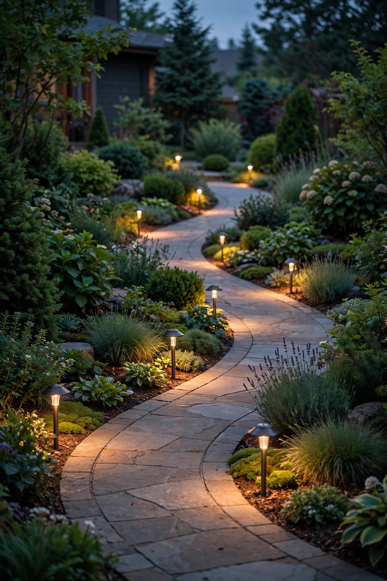 Gently dimmed path lights lining a curved front walkway surrounded by garden plantings at dusk