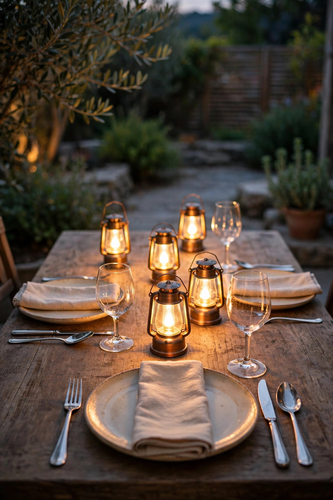 Small warm battery table lanterns glowing between place settings on an outdoor dining table