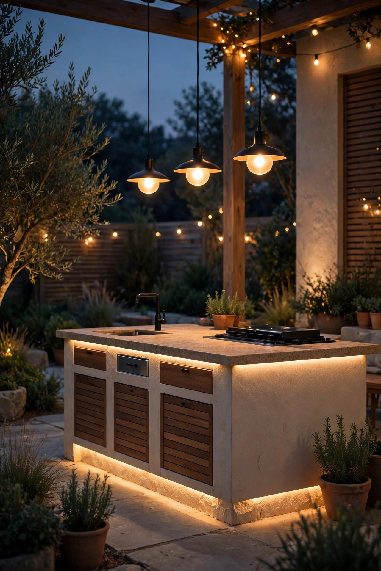 Outdoor kitchen island glowing at a soft dimmed level in the evening with layered warm lighting