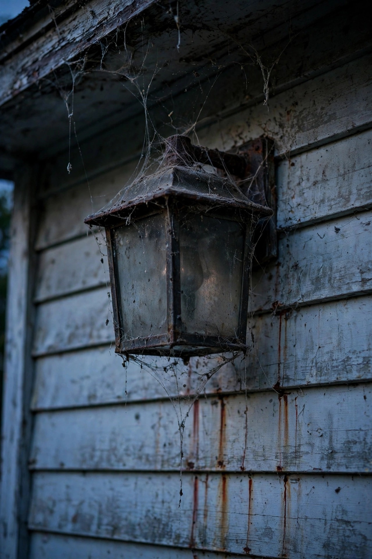 Neglected porch lantern at dusk covered in cobwebs and dust, with faint rust streaks running down the siding below its dim dirty glass
