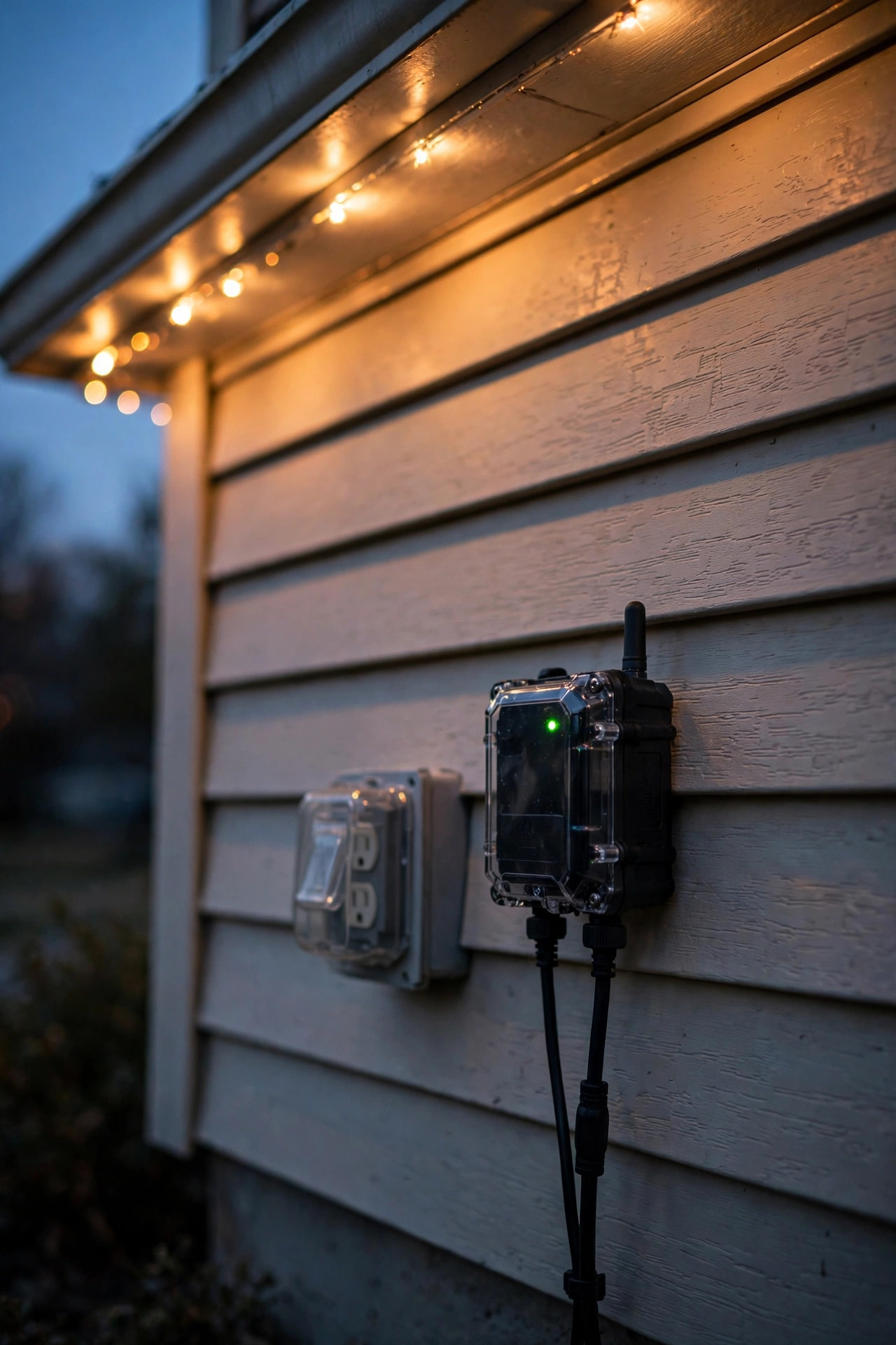 Weatherproof controller box mounted beside an outdoor electrical outlet on a house exterior at dusk