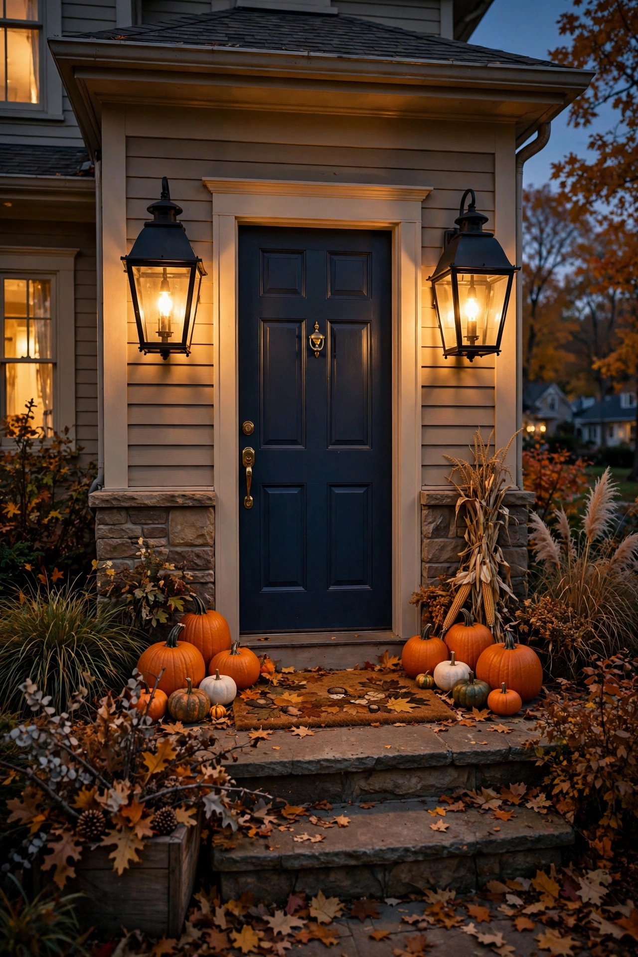 Two oversized black lanterns with candles flanking a front door decorated for fall