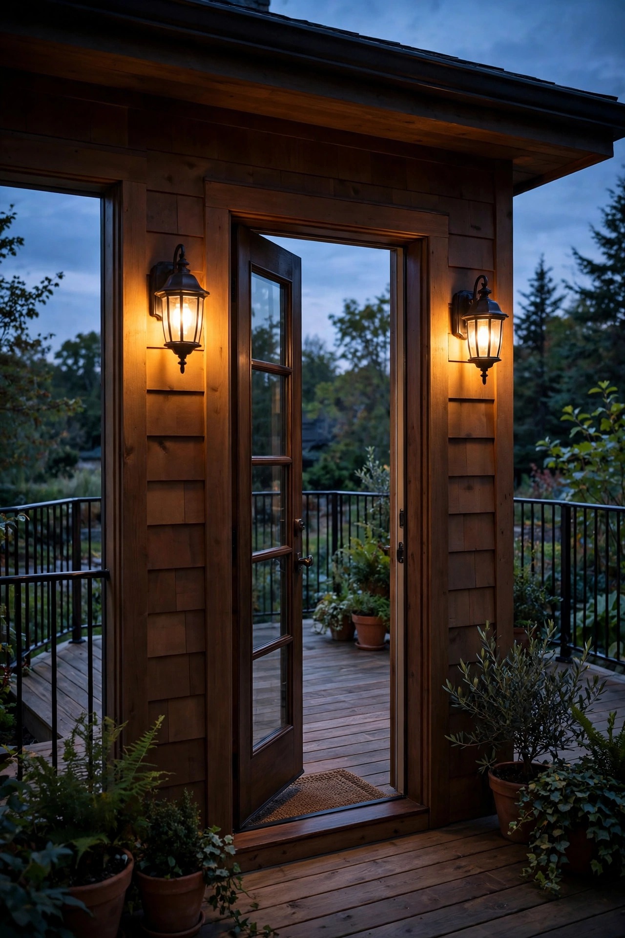Matching warm wall sconces flanking a door opening onto a wraparound deck at dusk