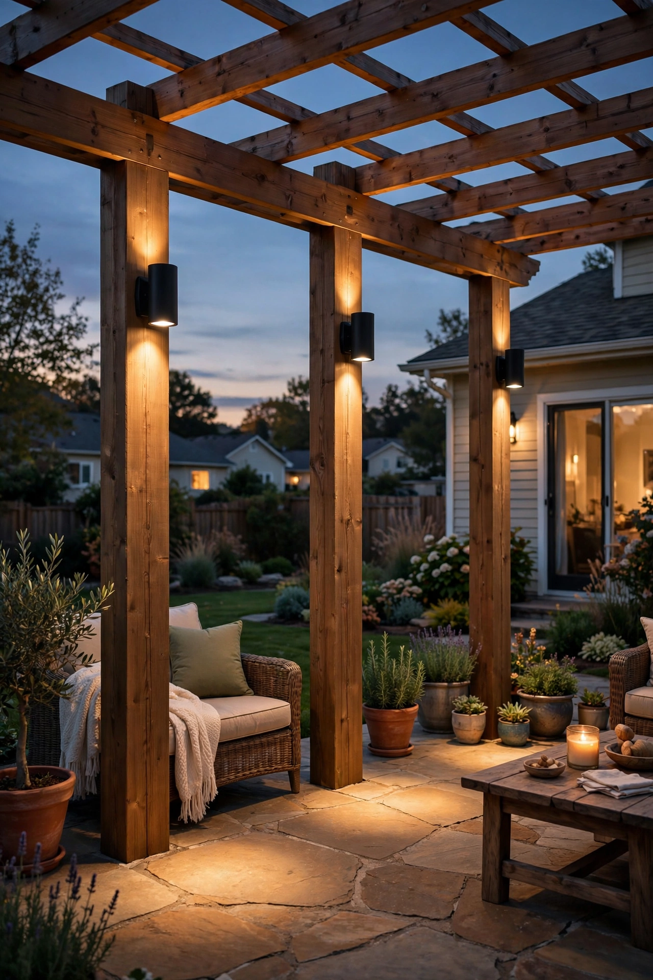 Downlight wall sconces mounted on pergola posts casting warm pools of light