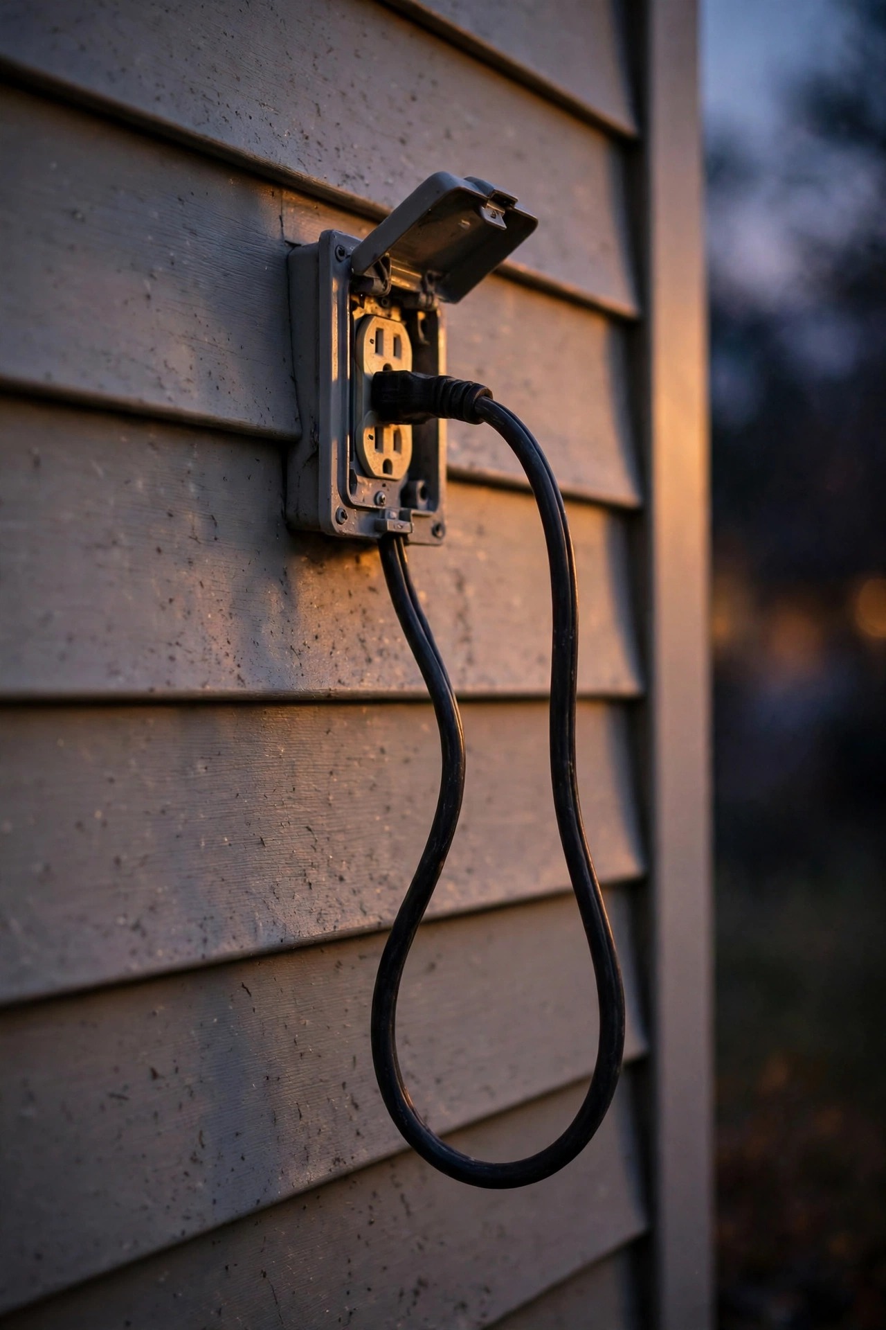 Outdoor power cord with a drip loop hanging below a weatherproof outlet on house siding