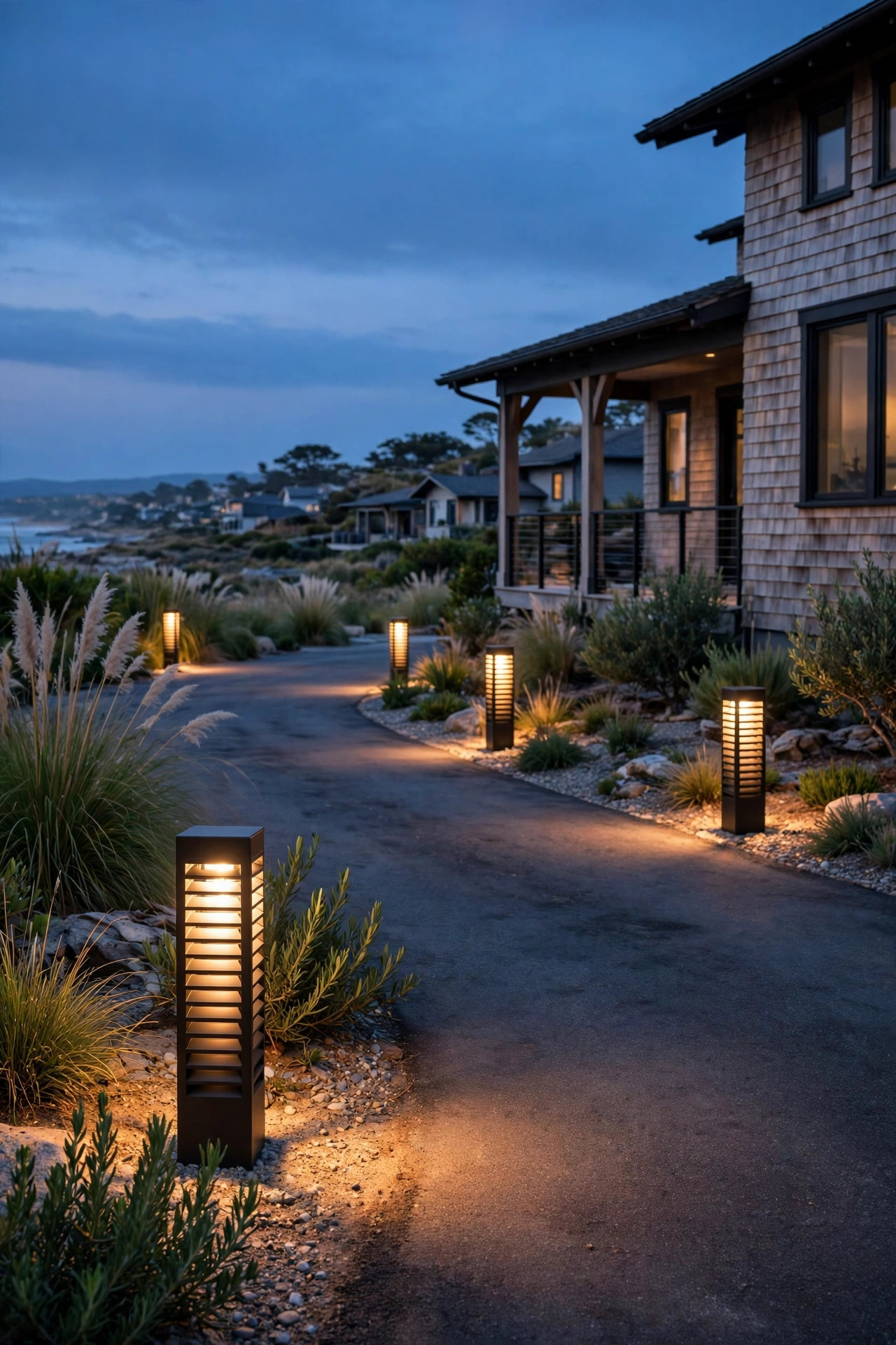 Low louvered bollard lights casting a warm wash along a coastal home driveway at dusk