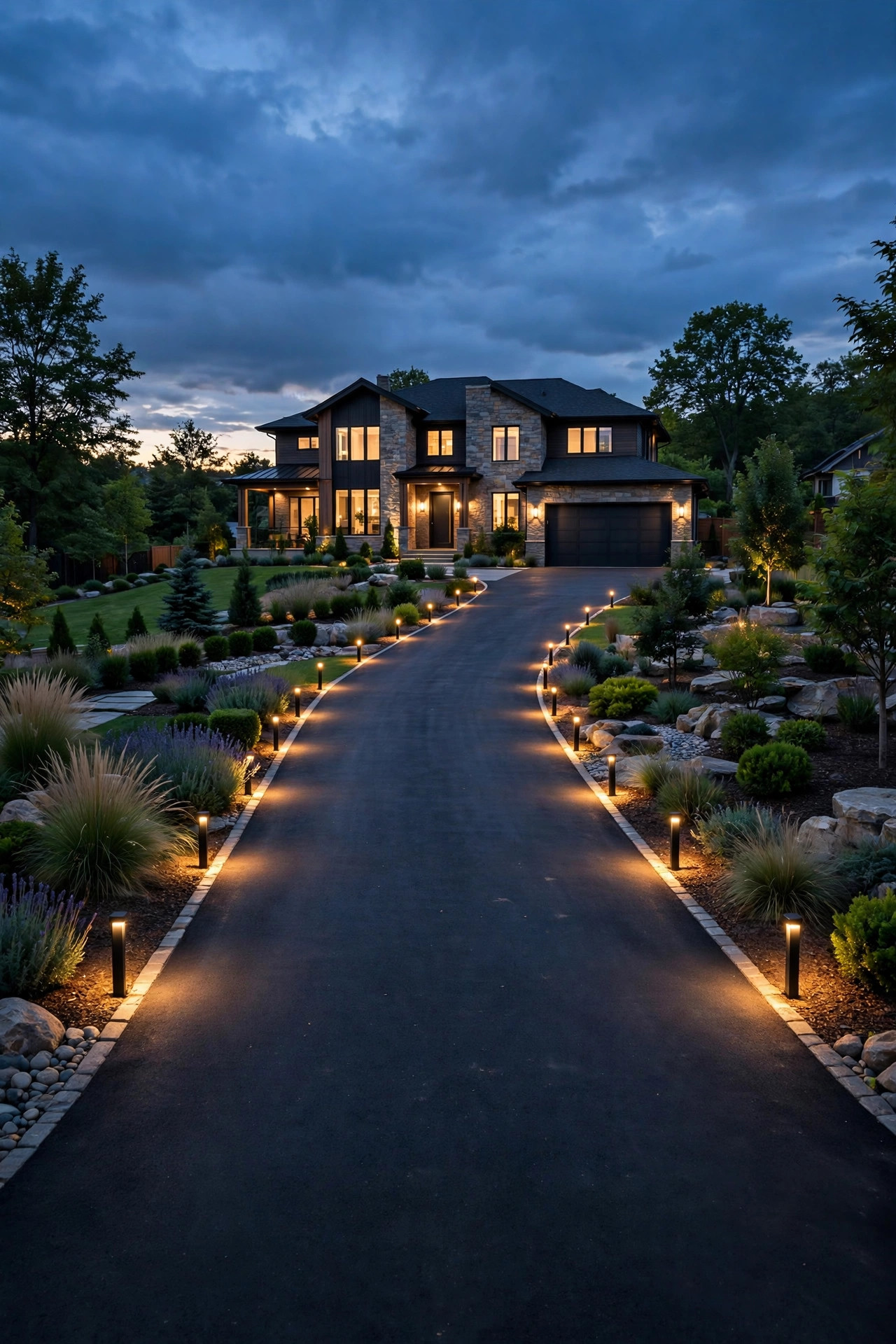 Subtle warm marker lights edging a driveway at dusk, creating an elegant approach to a home for sale
