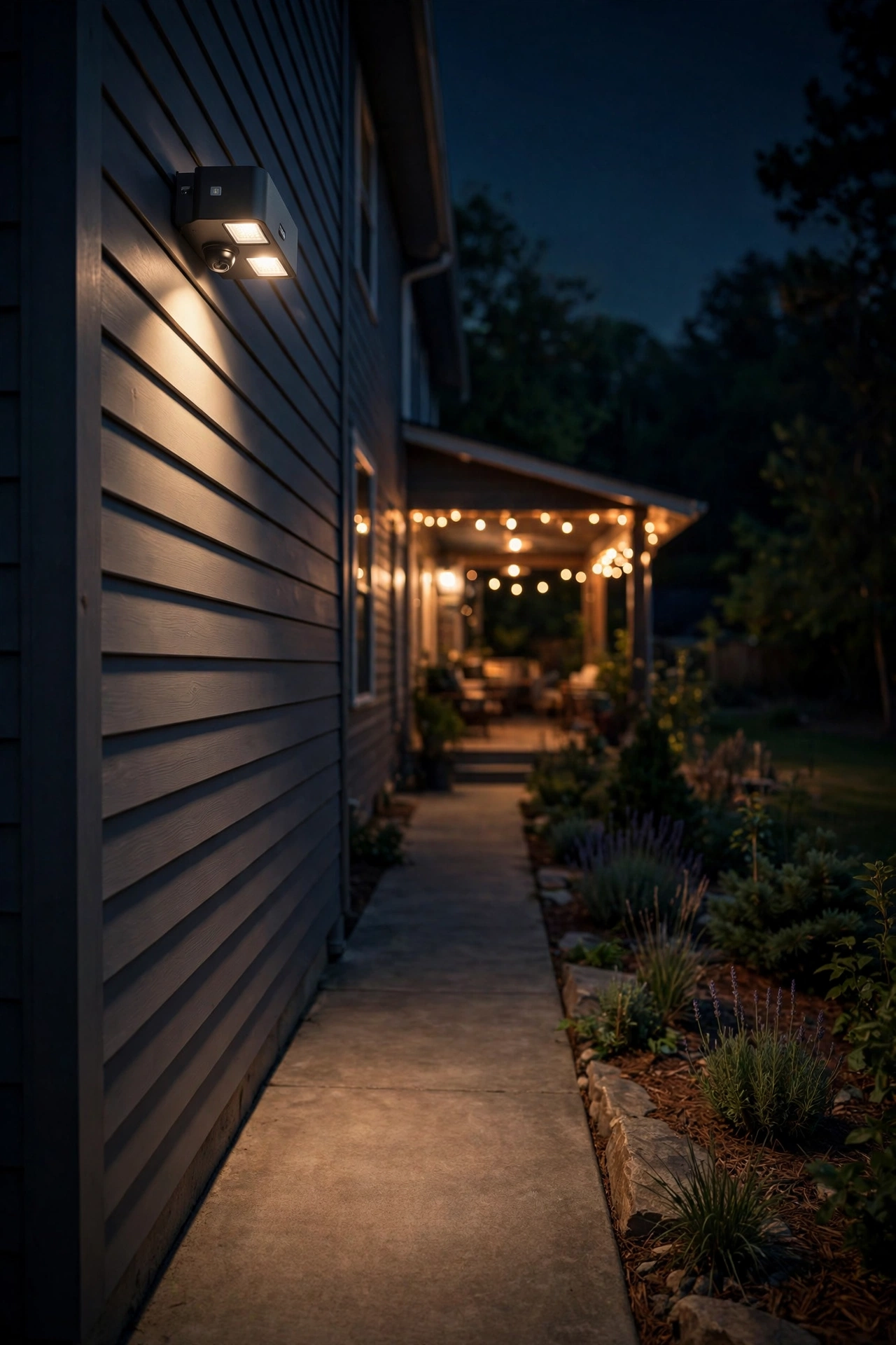 Motion sensor security light mounted on a house wall glowing softly over a back porch walkway