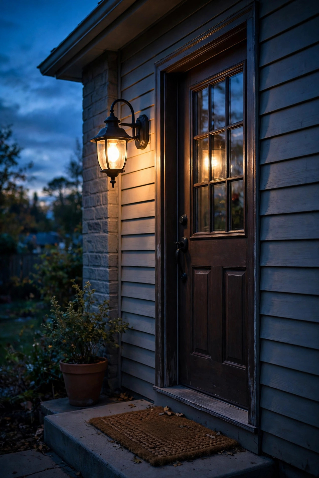 Back door porch fixture with a warm dusk to dawn LED bulb glowing at twilight beside a rear entrance