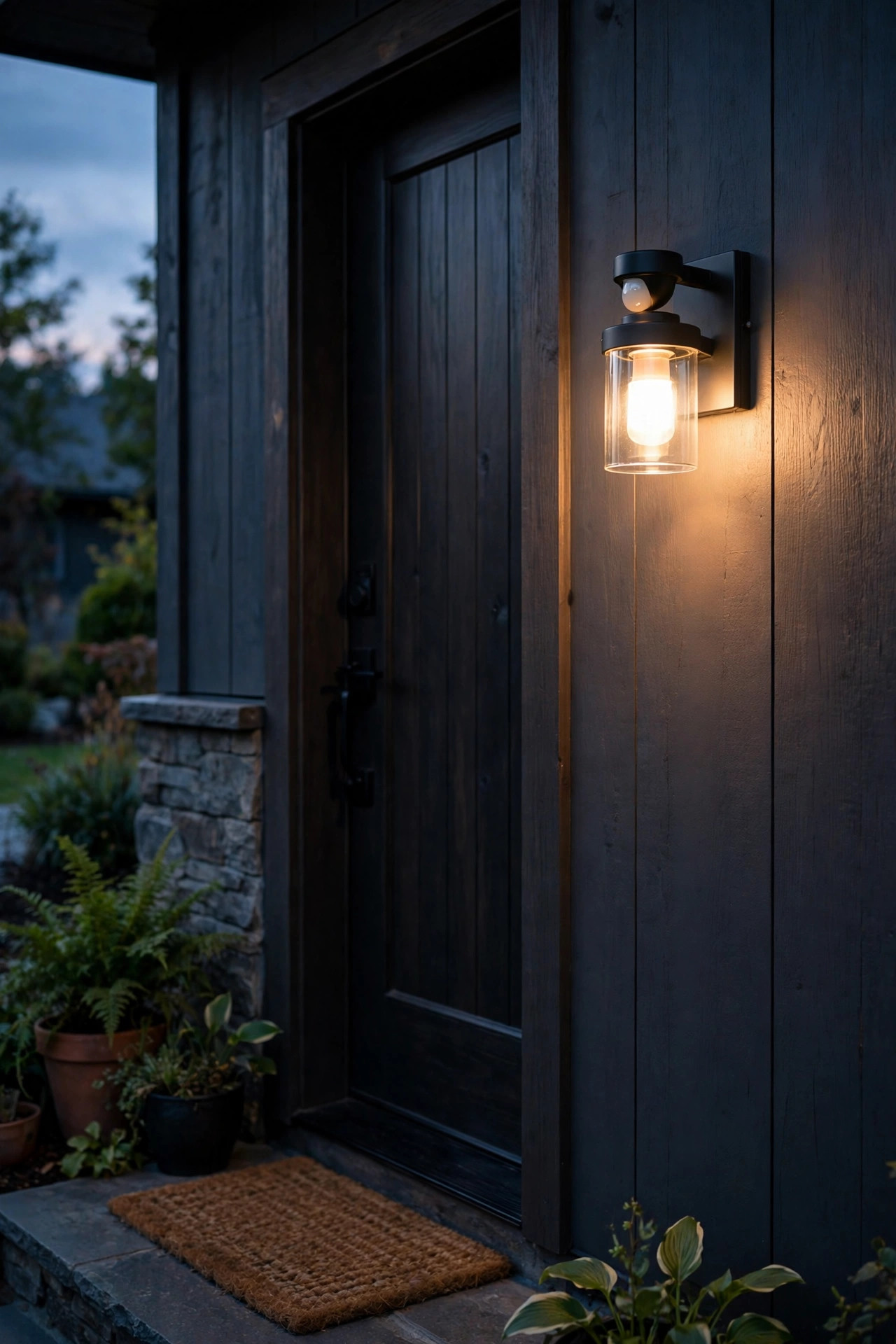 Dusk-to-dawn motion sensor sconce glowing softly beside a front entry in the early evening