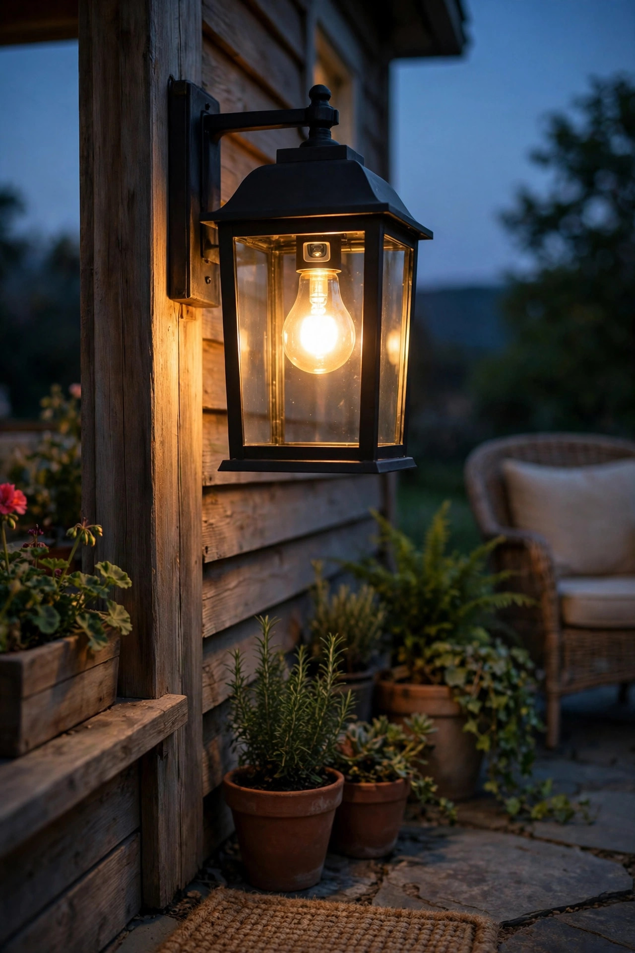 Porch lantern with a dusk to dawn bulb glowing automatically as evening falls over a patio