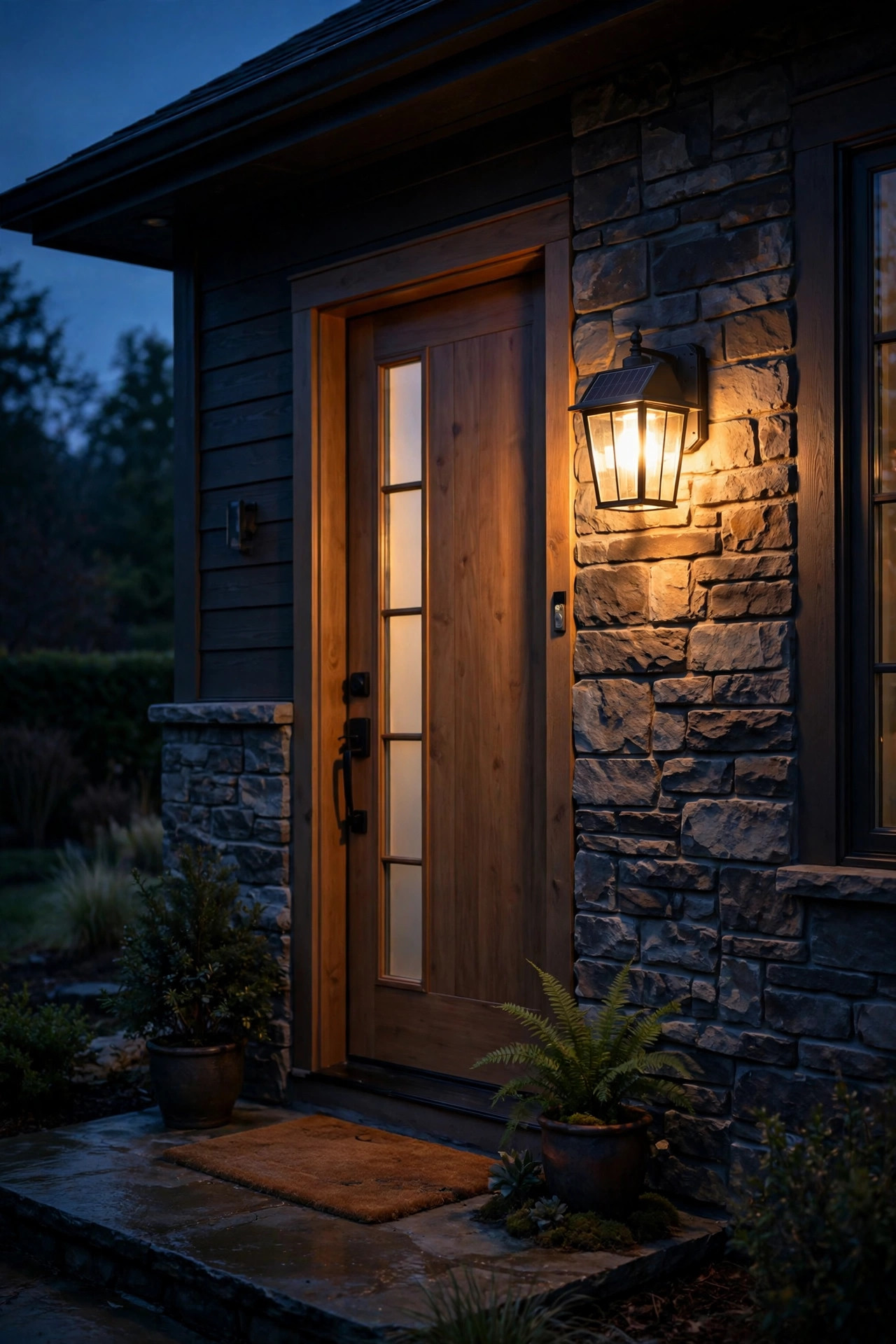 Dusk-to-dawn solar wall sconce glowing steadily beside a front door on a dark evening