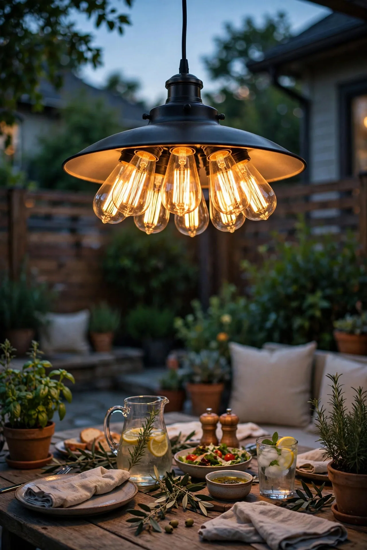 Edison filament pendant light glowing over a summer patio dining table