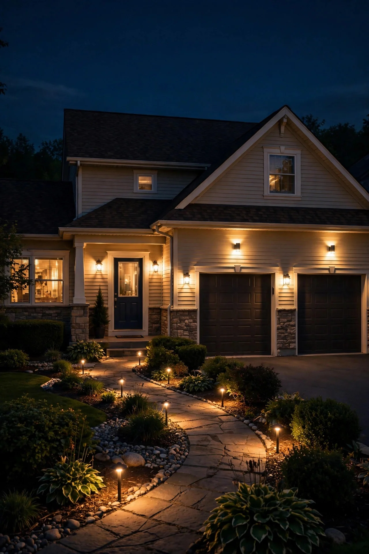 Energy-efficient LED dusk-to-dawn lights glowing warmly across a home exterior at night