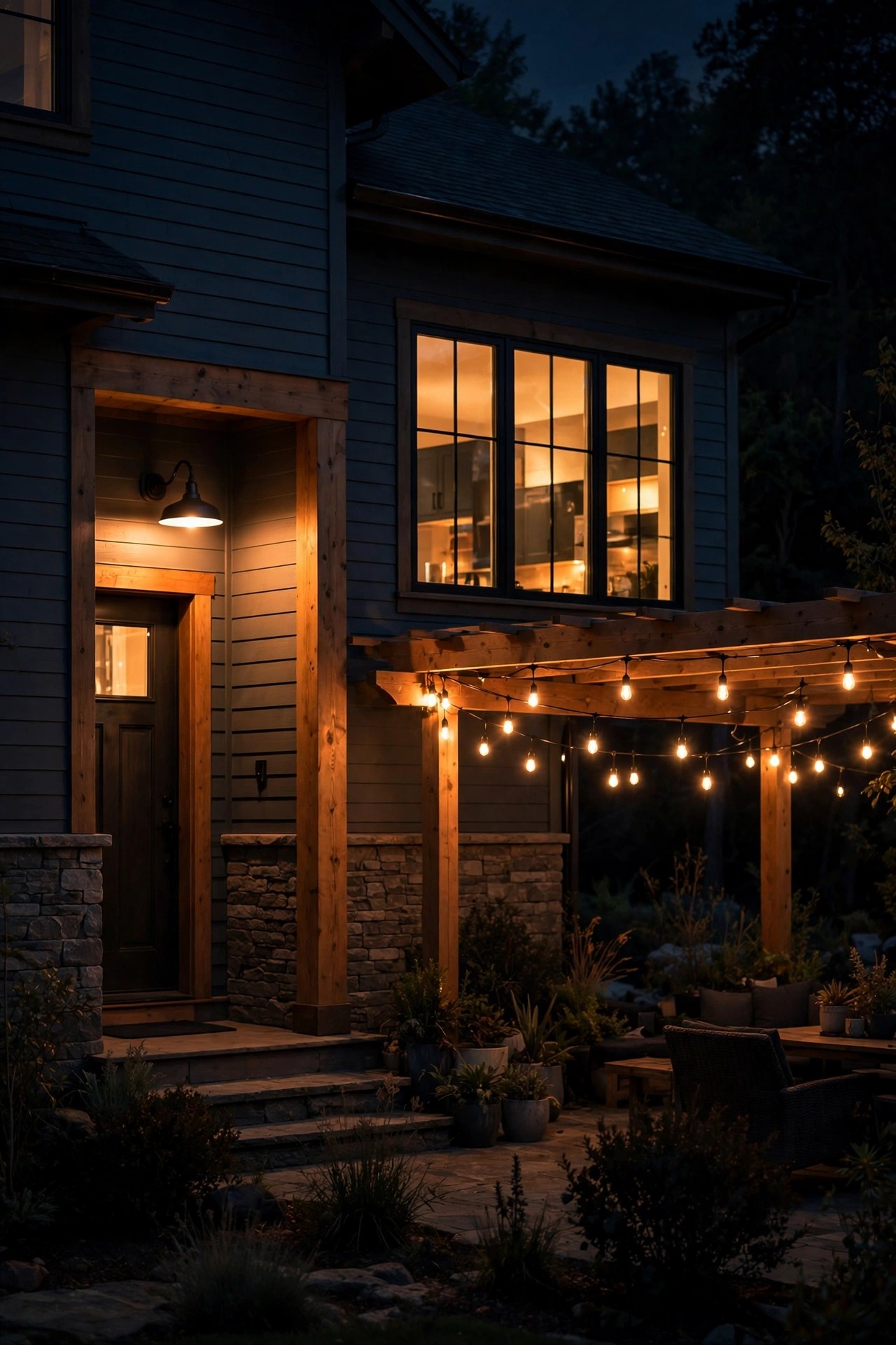 Home exterior at night with porch light, kitchen window, and patio lights glowing in a natural staggered sequence