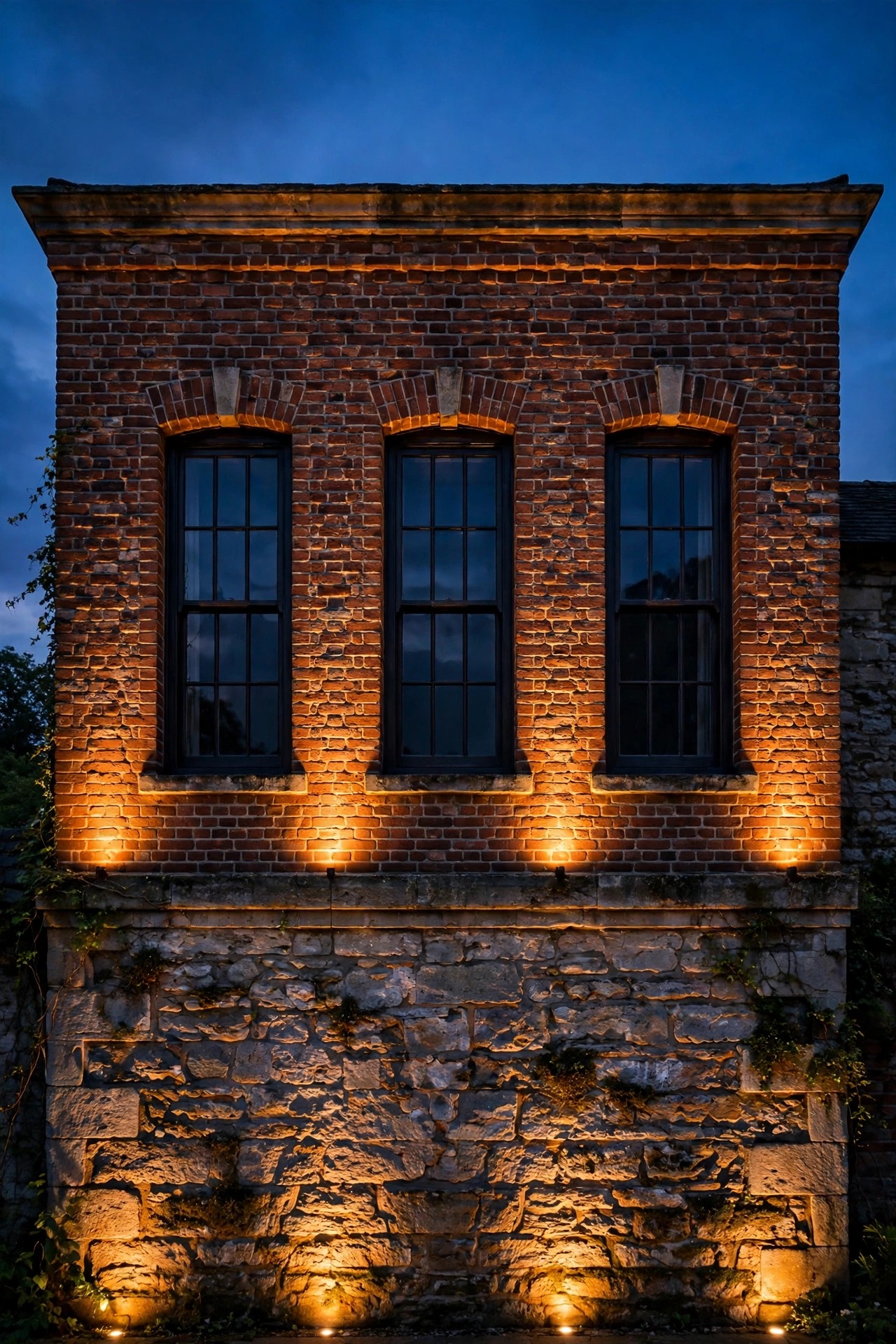 Warm light grazing up a stone and brick front facade at dusk, revealing rich texture between dark windows