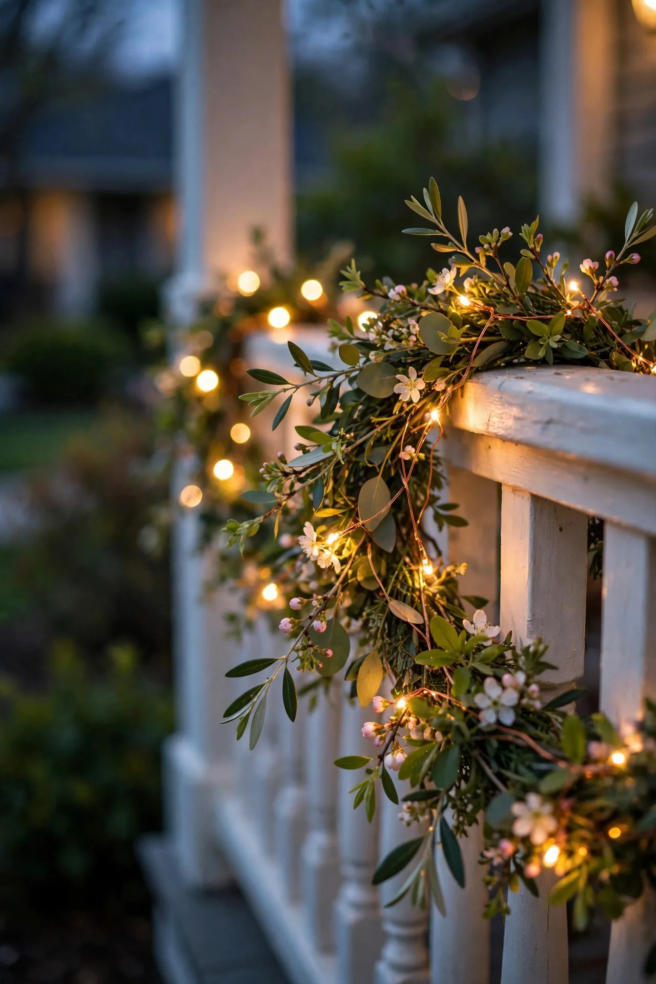 Fairy lights woven through spring garland on a porch railing at dusk, tiny warm bulbs glowing among leaves and blossoms