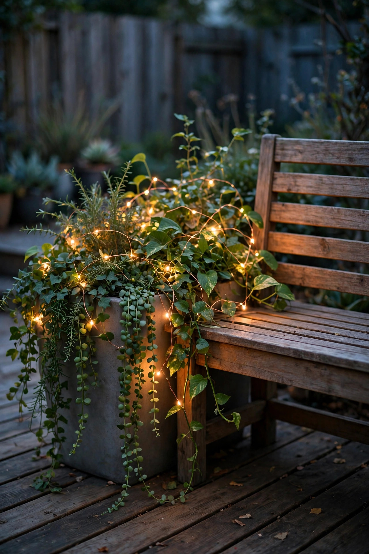 Planter beside a deck bench with copper-wire fairy lights woven through trailing green foliage glowing softly at dusk