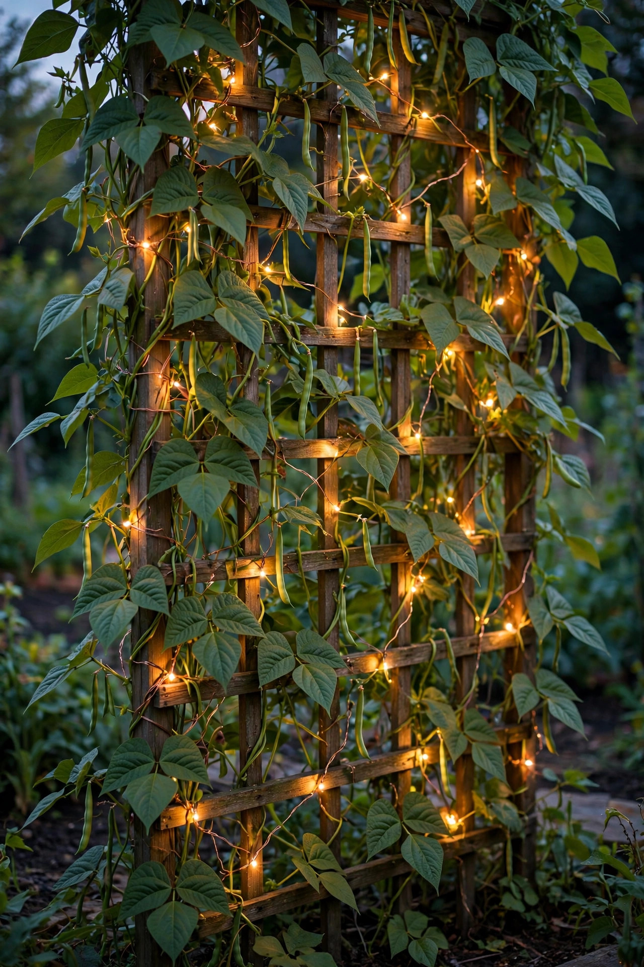 Copper wire fairy lights woven through a garden trellis covered in bean vines glowing at dusk