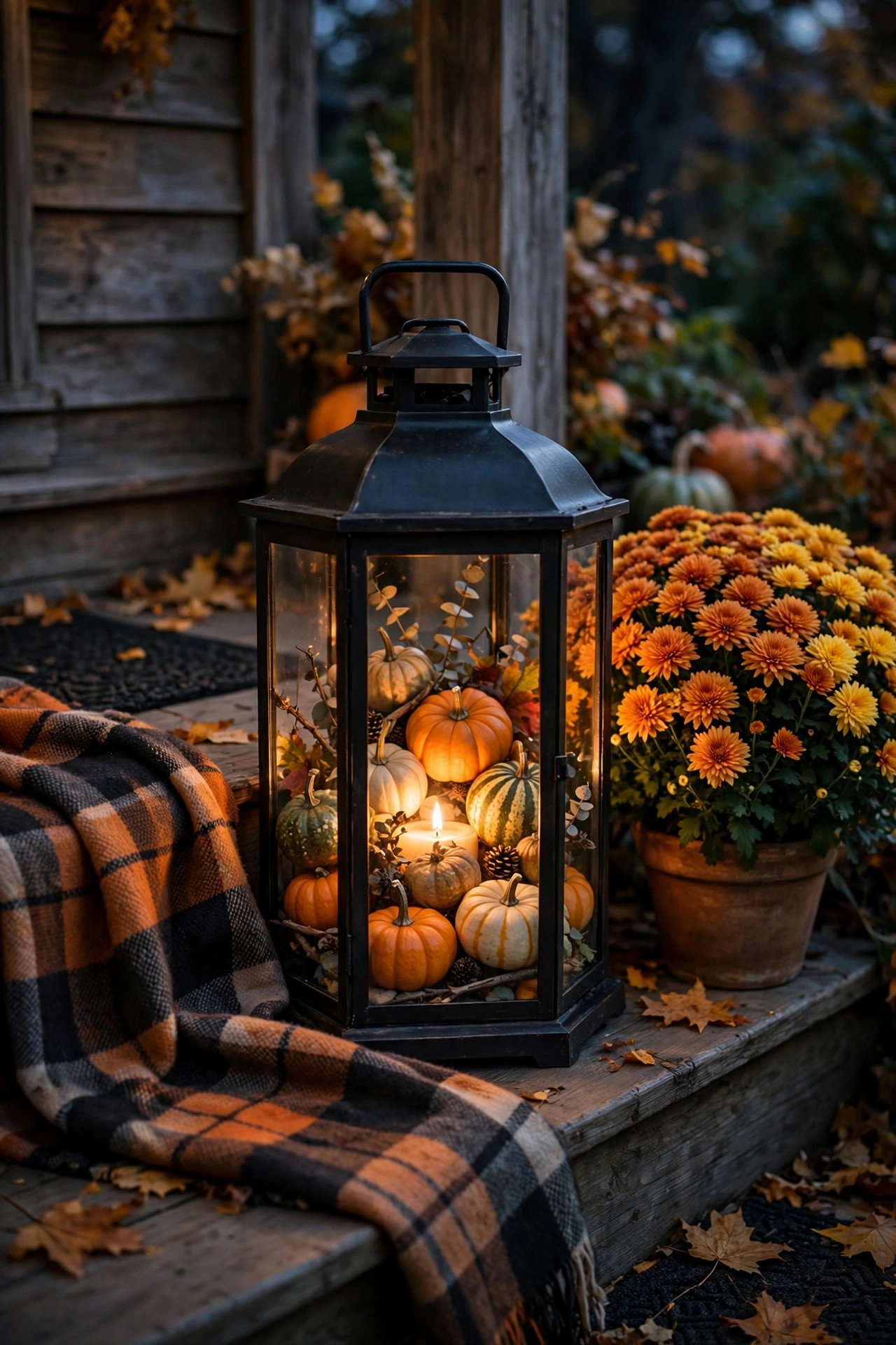 Porch lantern filled with mini pumpkins and gourds beside mums and a plaid throw in fall