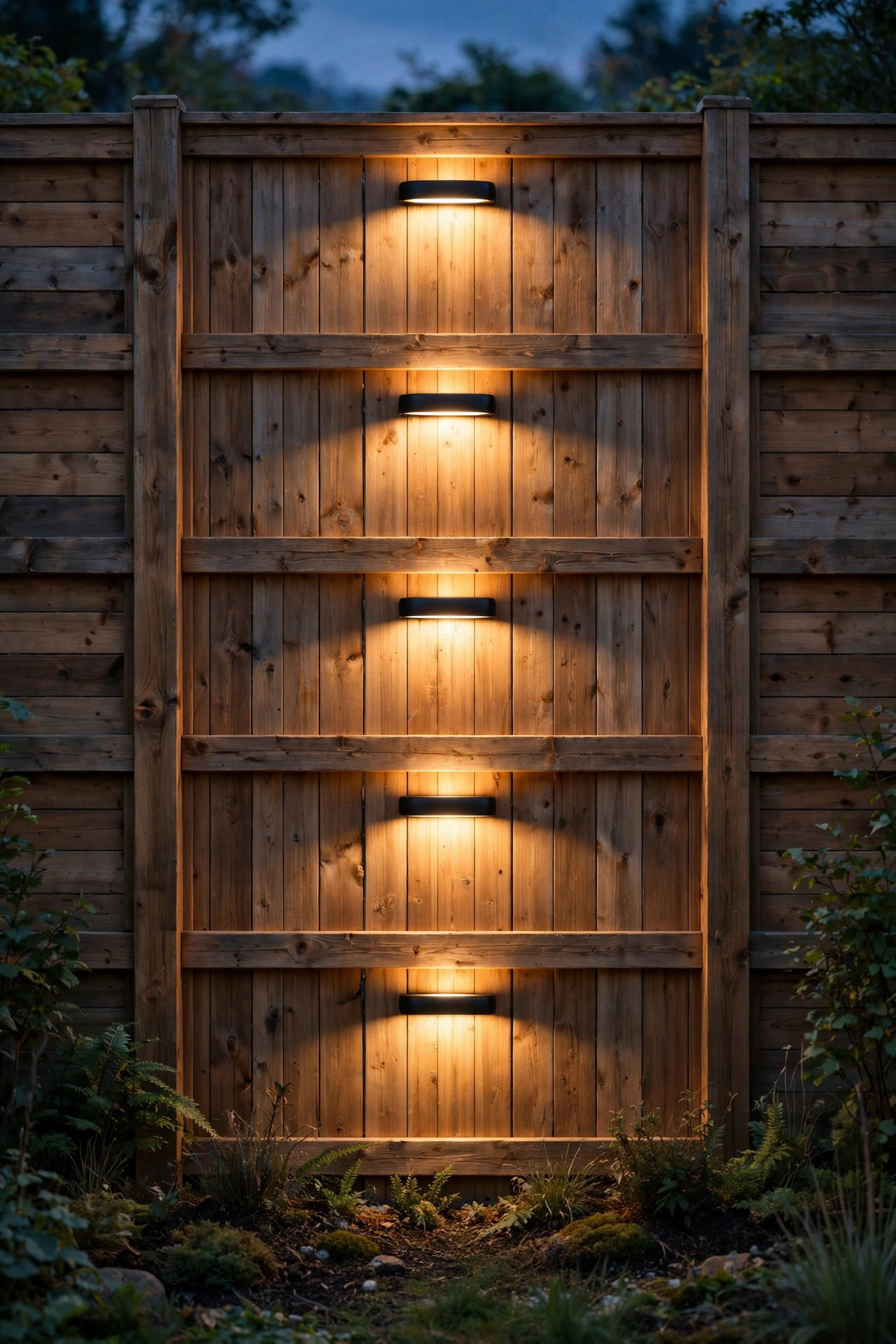 Wash lights centered in each bay of a wooden privacy fence creating a rhythmic glowing pattern
