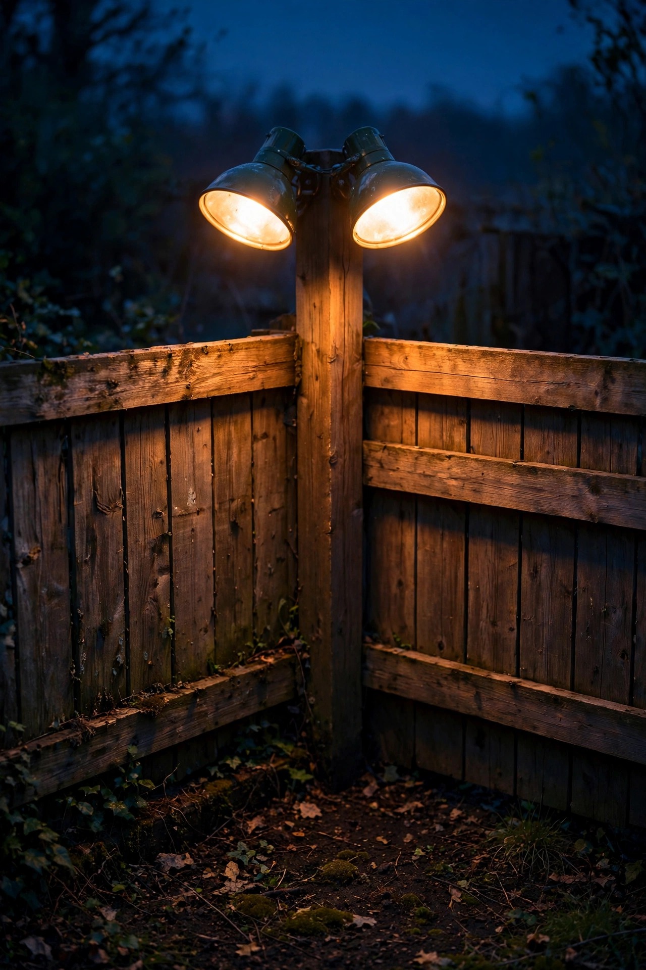 Dual-head floodlight mounted on a fence post washing a dark back corner with warm downward light where two wooden fences meet