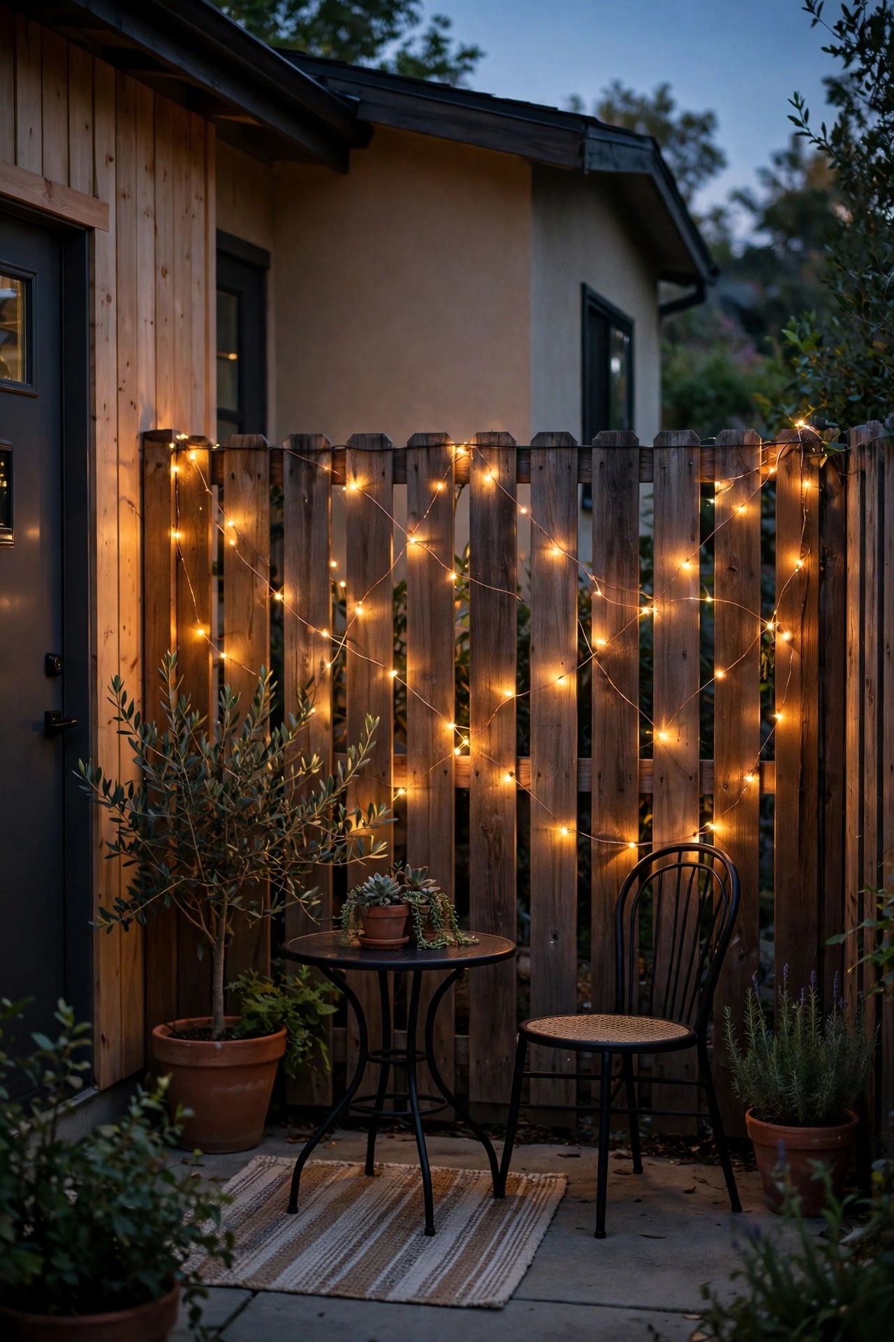 Copper-wire fairy lights woven through a privacy fence behind a small ADU patio at dusk