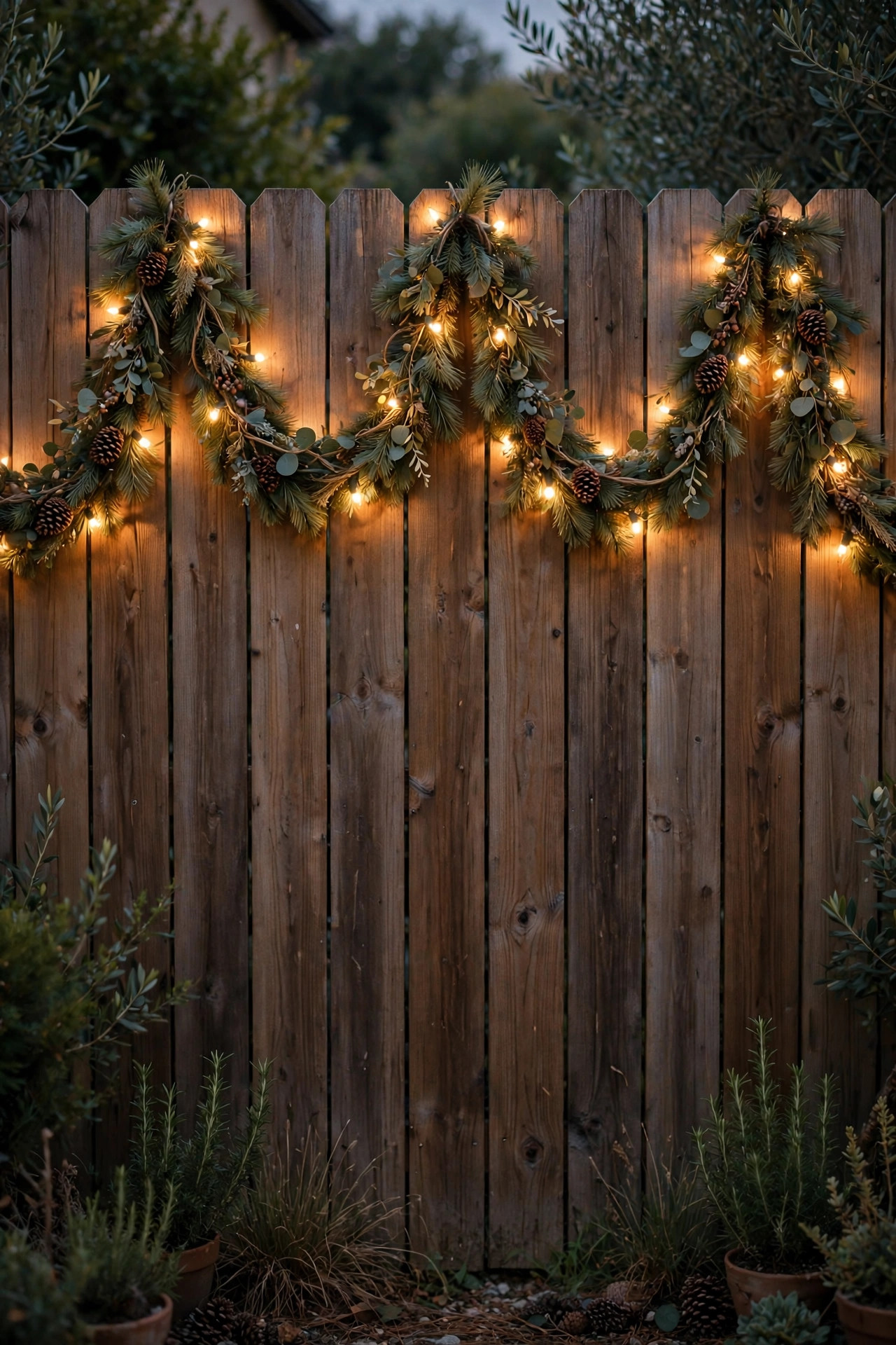 Faux pine garland swagged in scallops along a wooden privacy fence with warm white mini lights woven through