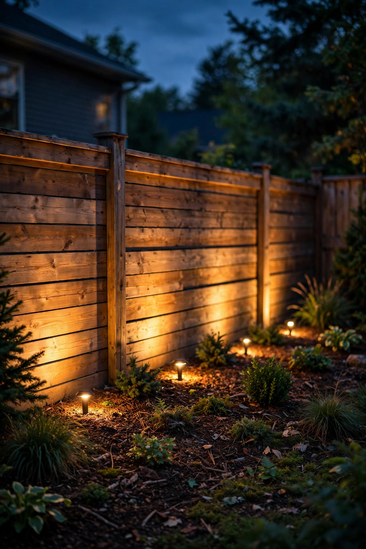 Uplights in a mulch bed washing warm light up a wooden fence at night