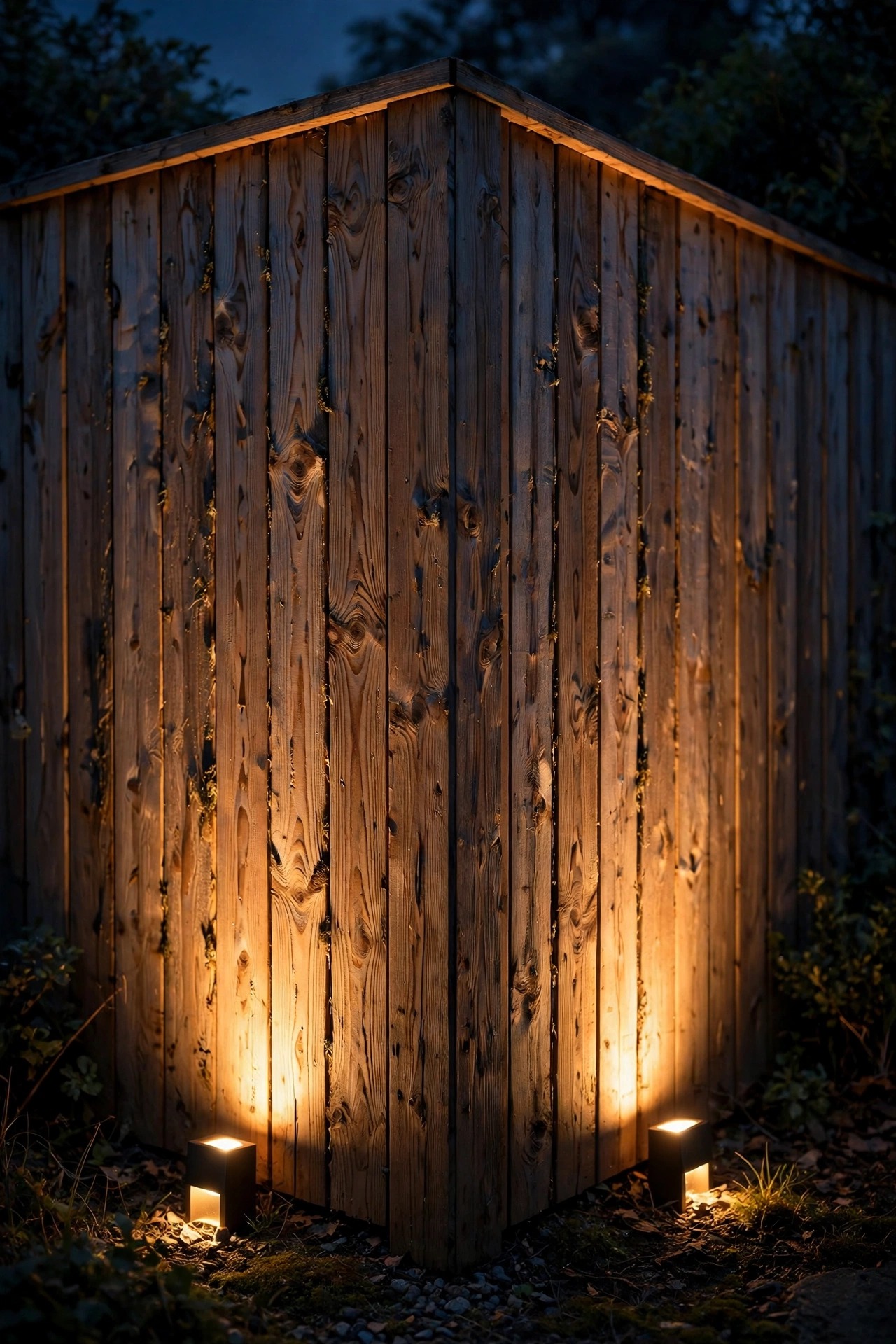 Warm wall-wash lights grazing up both faces of a wooden fence corner showing wood grain texture at night