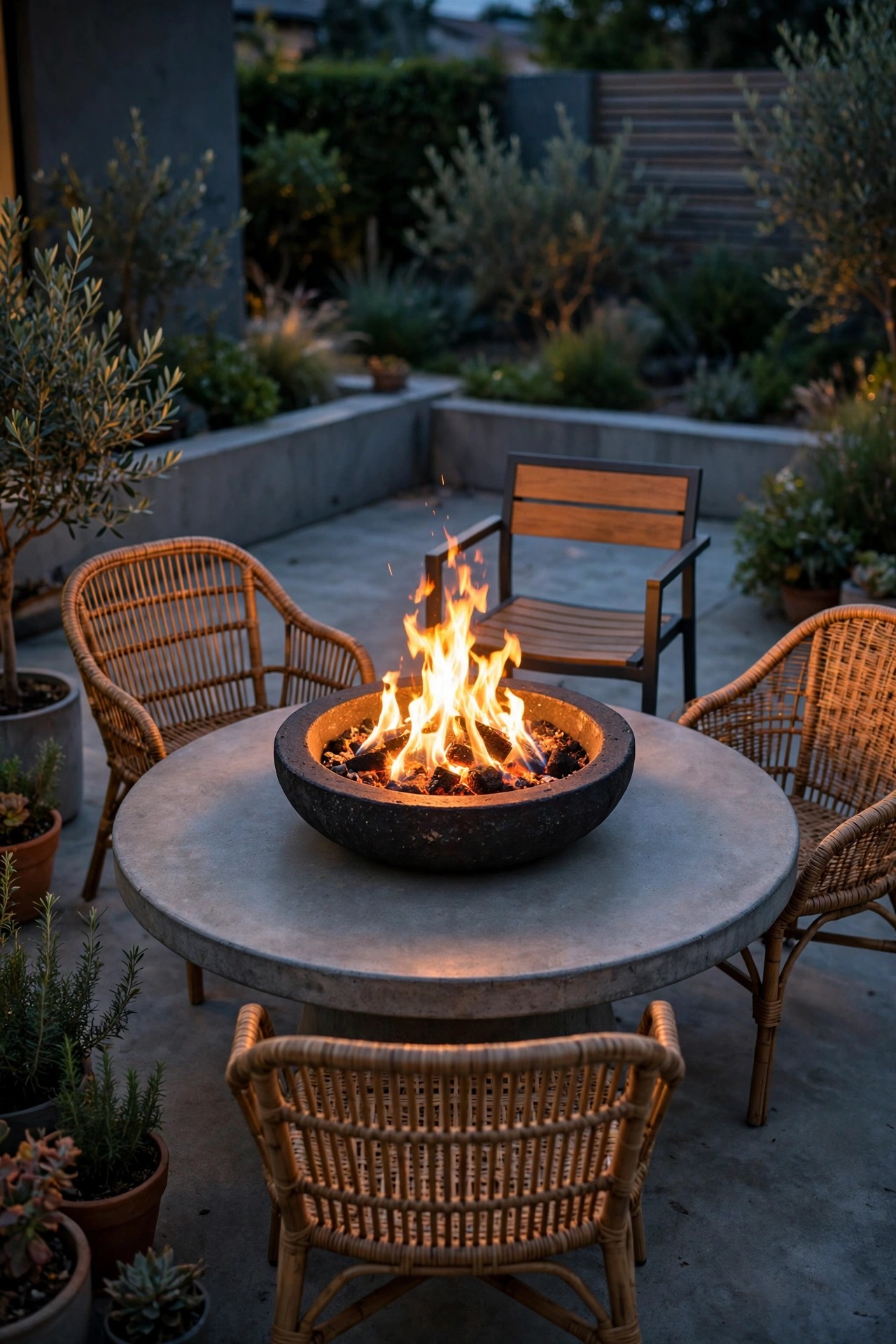 Tabletop fire bowl glowing as the centerpiece of a concrete patio with chairs gathered around