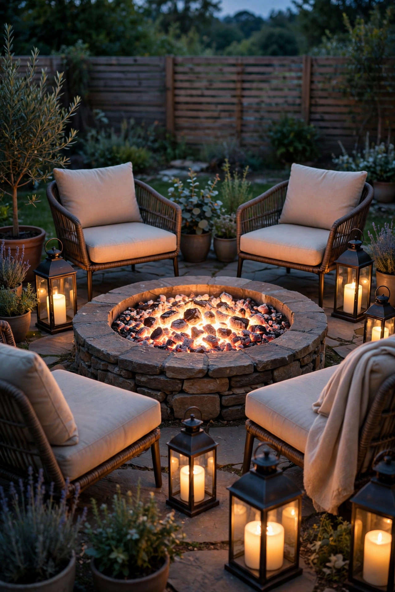 Fire pit glowing at dusk surrounded by cushioned chairs and metal lanterns with flameless candles