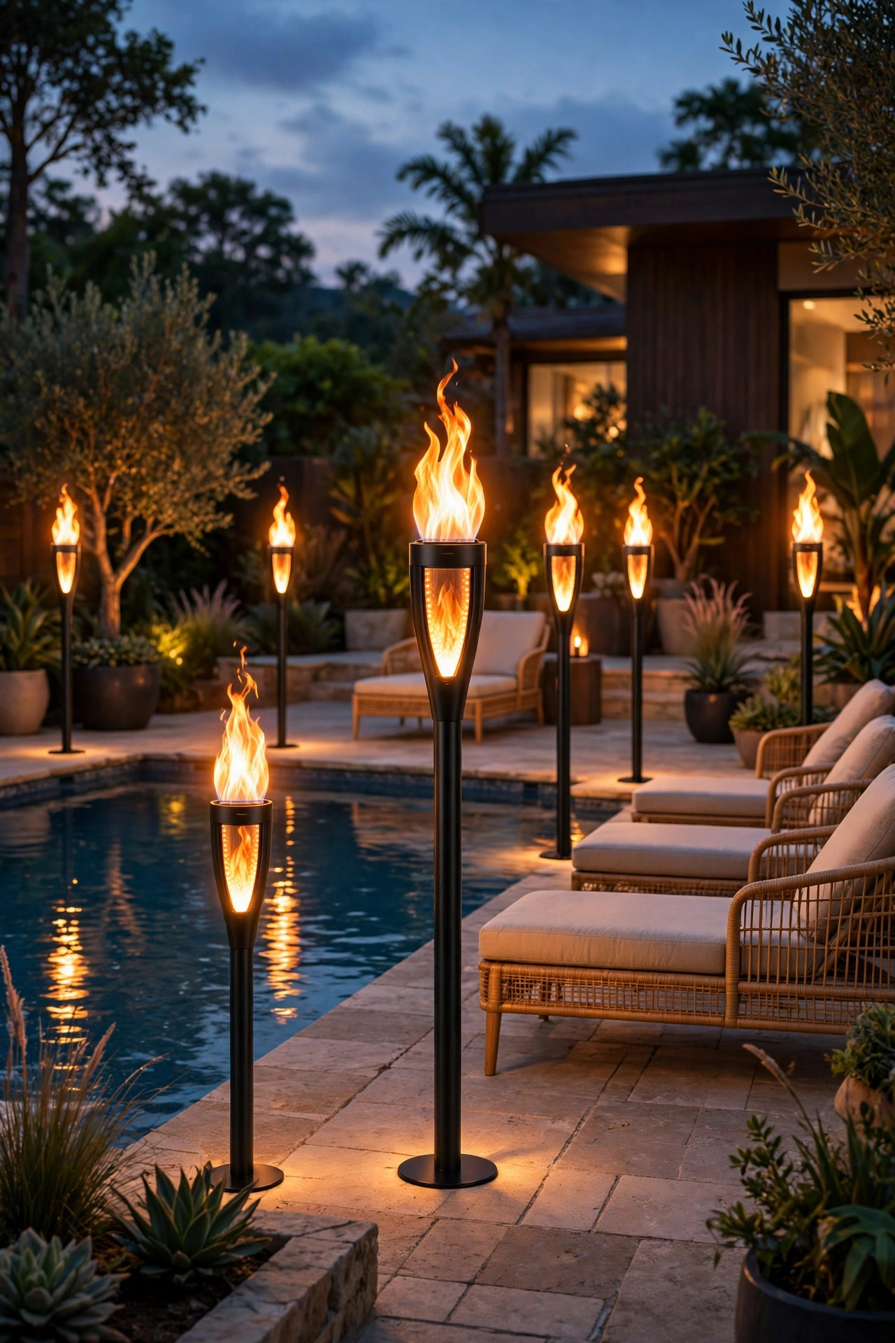 LED flame-effect torches flickering warm orange around a pool deck at dusk with lounge chairs