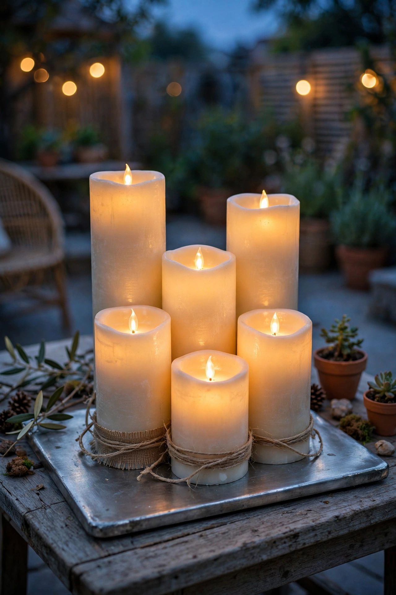 Cluster of flameless flickering candles on a metal tray on an outdoor side table