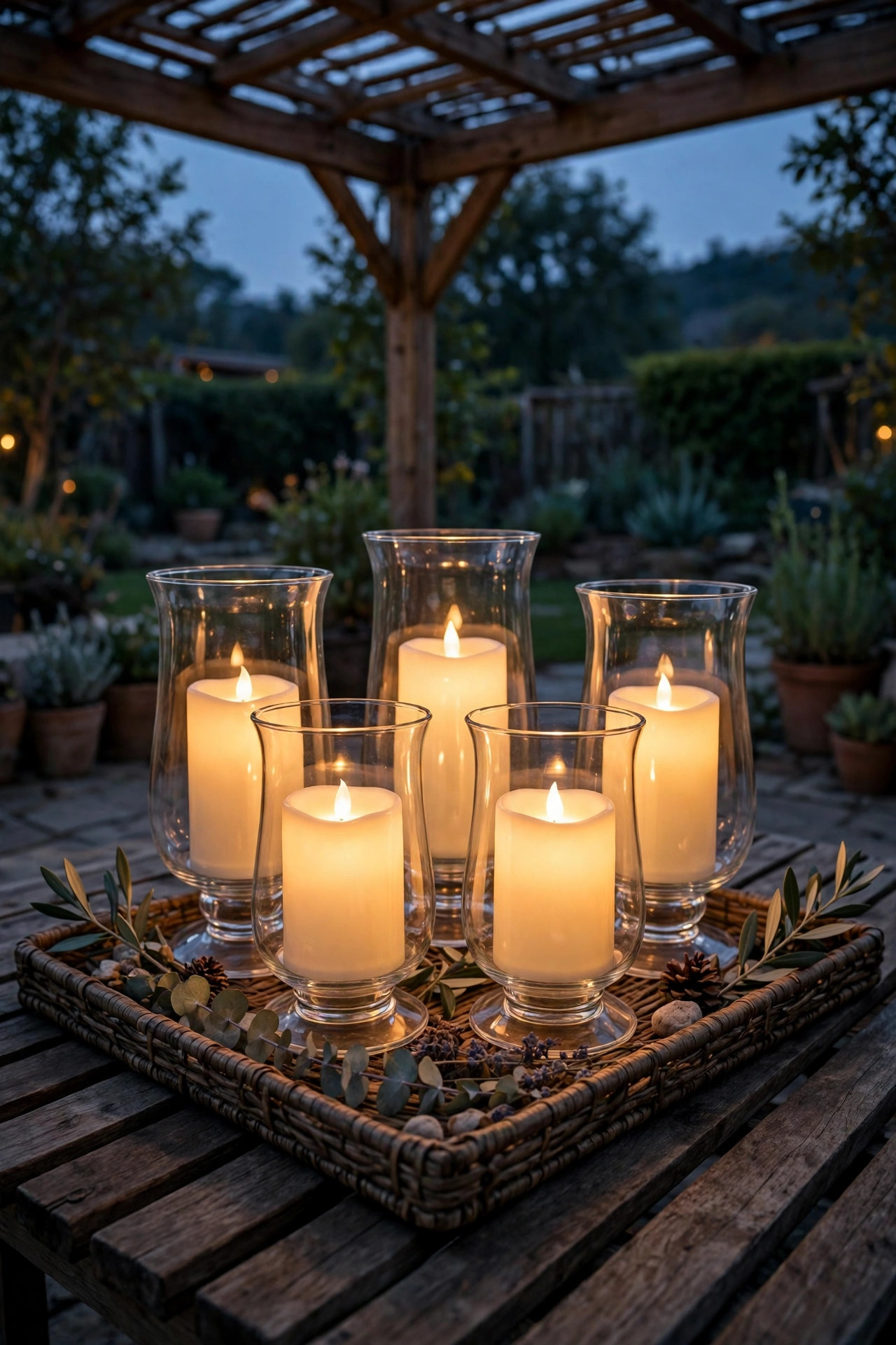 Flameless LED candles glowing inside glass hurricane holders arranged on a tray on a pergola coffee table at dusk