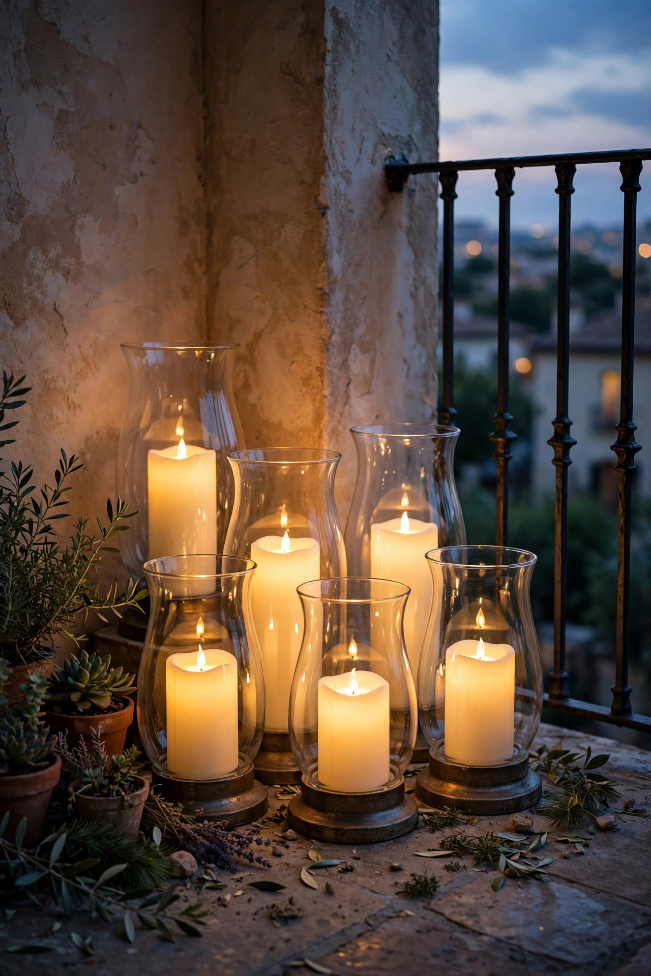 Flameless LED candles flickering inside glass hurricanes clustered in a balcony corner at dusk