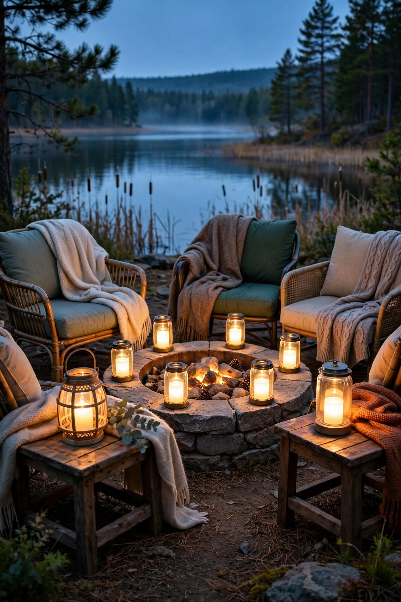 Flameless LED lanterns glowing on wooden side tables around a lakeside fire pit with cushioned chairs and blankets