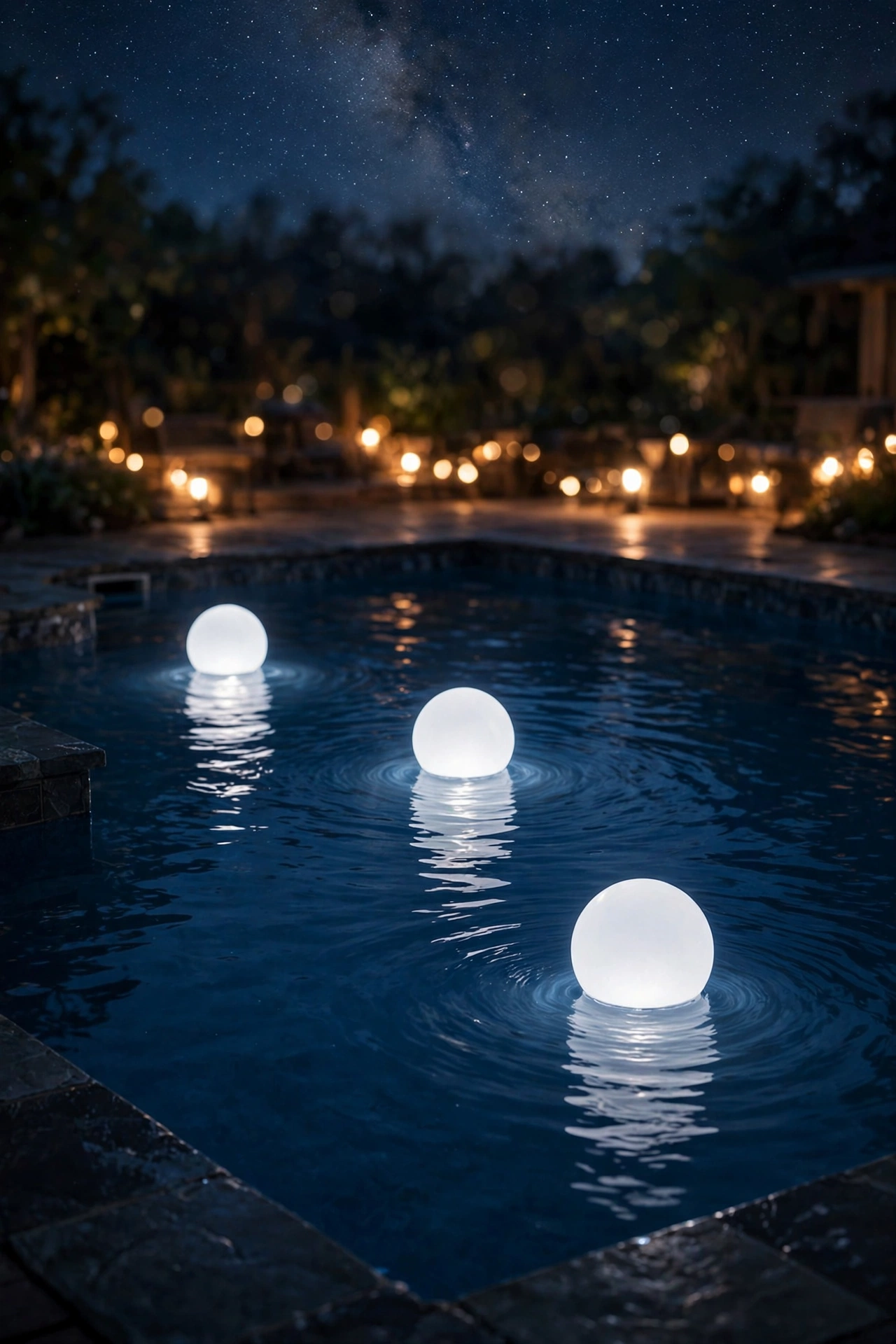 Three glowing floating LED orbs drifting on a pool surface under a starry night sky