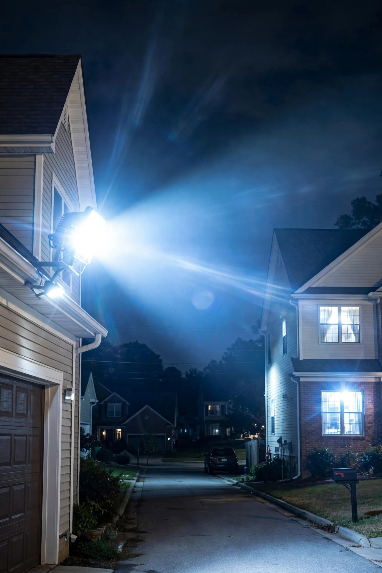Example of poorly placed outdoor flood lights creating harsh glare into the street and neighboring windows at night