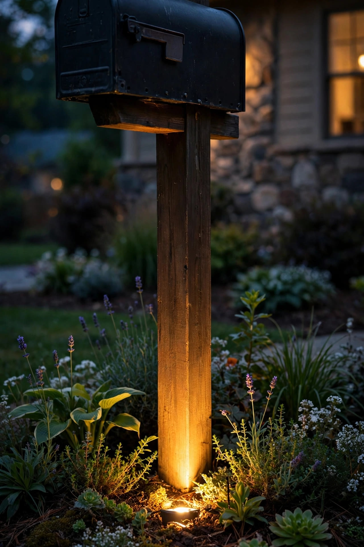 Low-voltage uplight hidden in a flower bed at the base of a mailbox post washing warm light upward
