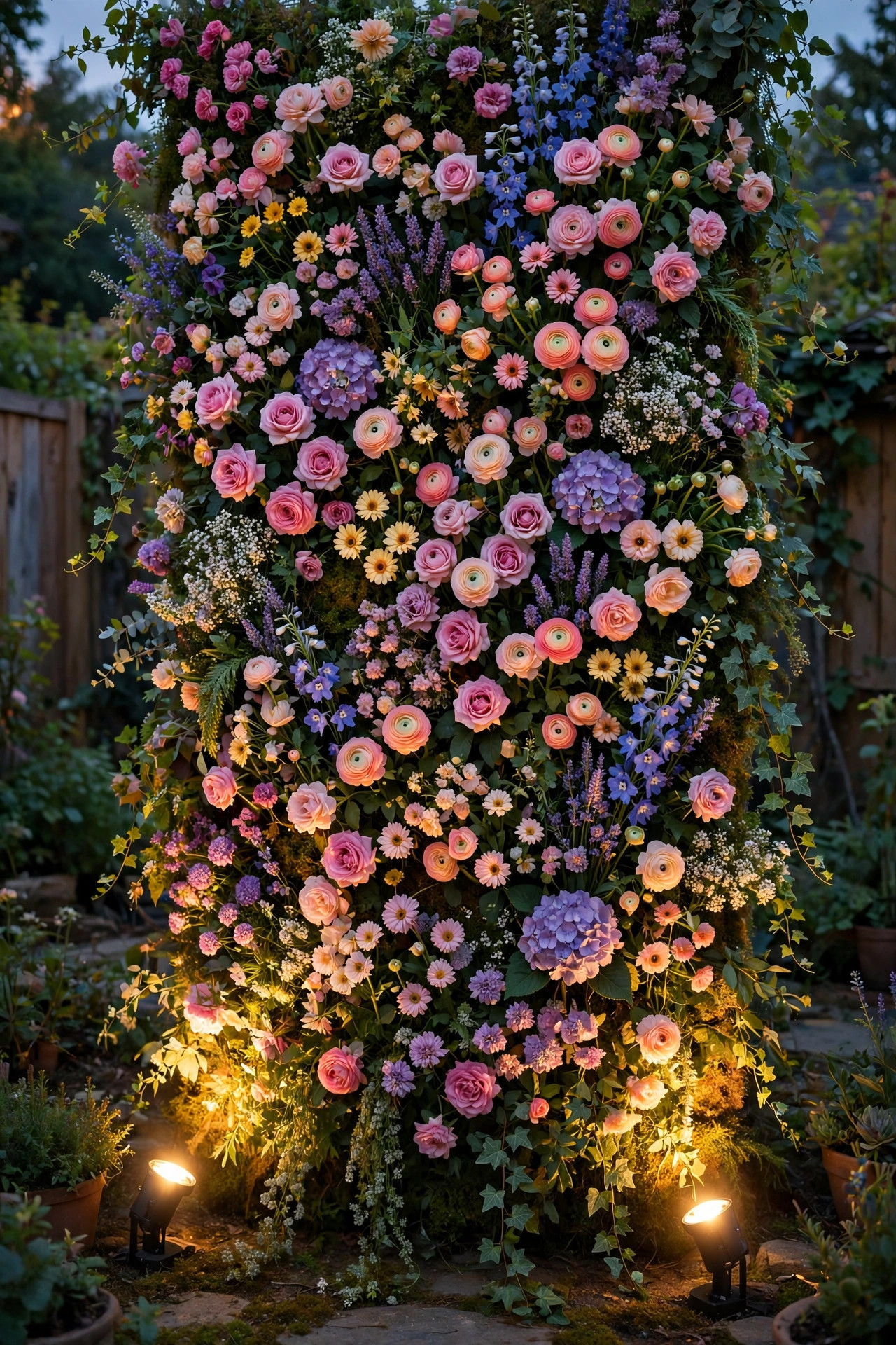 Flower wall backdrop glowing at dusk with warm uplights angled up across the blooms