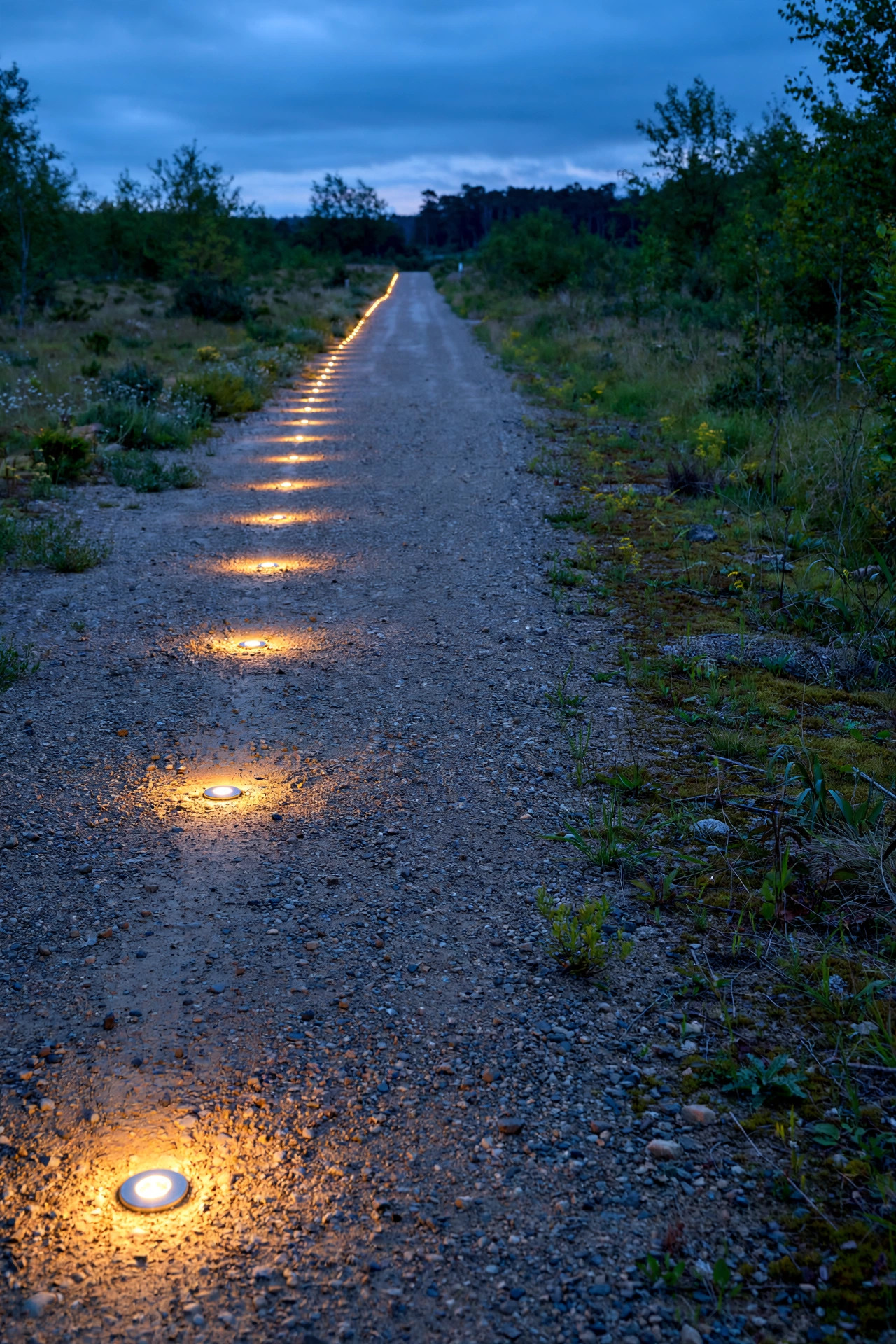 Flush in-ground marker lights glowing level with the edge of a long gravel driveway