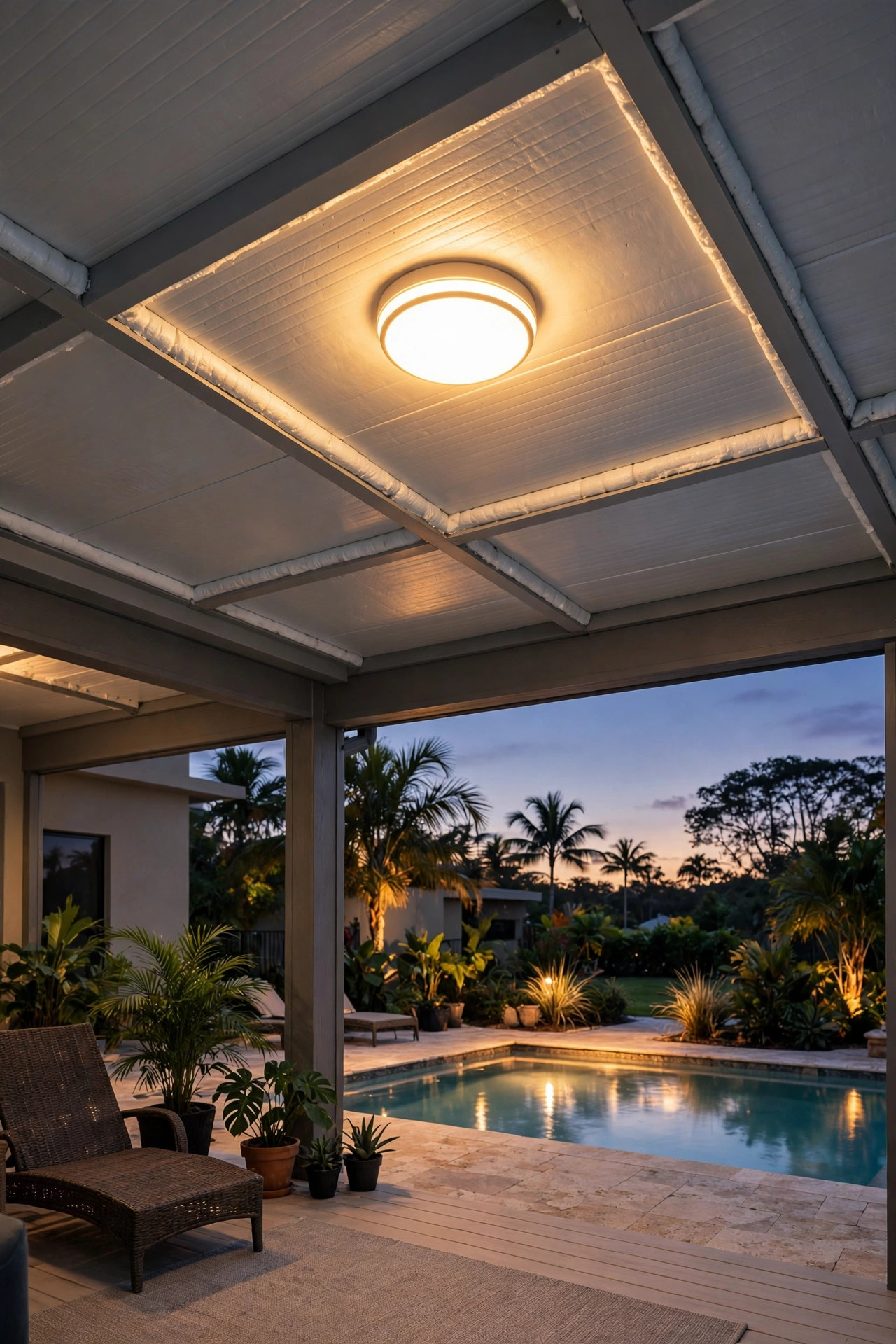 Flush mount ceiling light glowing under the insulated roof panels of a lanai, bright even light over the pool deck