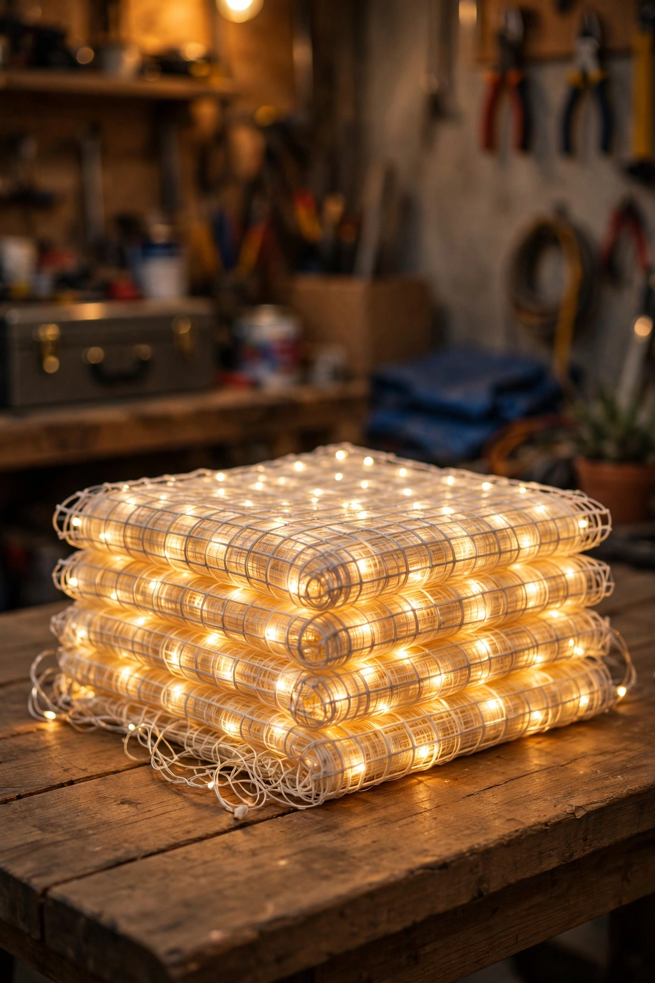 Net Christmas lights being folded flat in thirds on a lawn before storing in a zippered bag