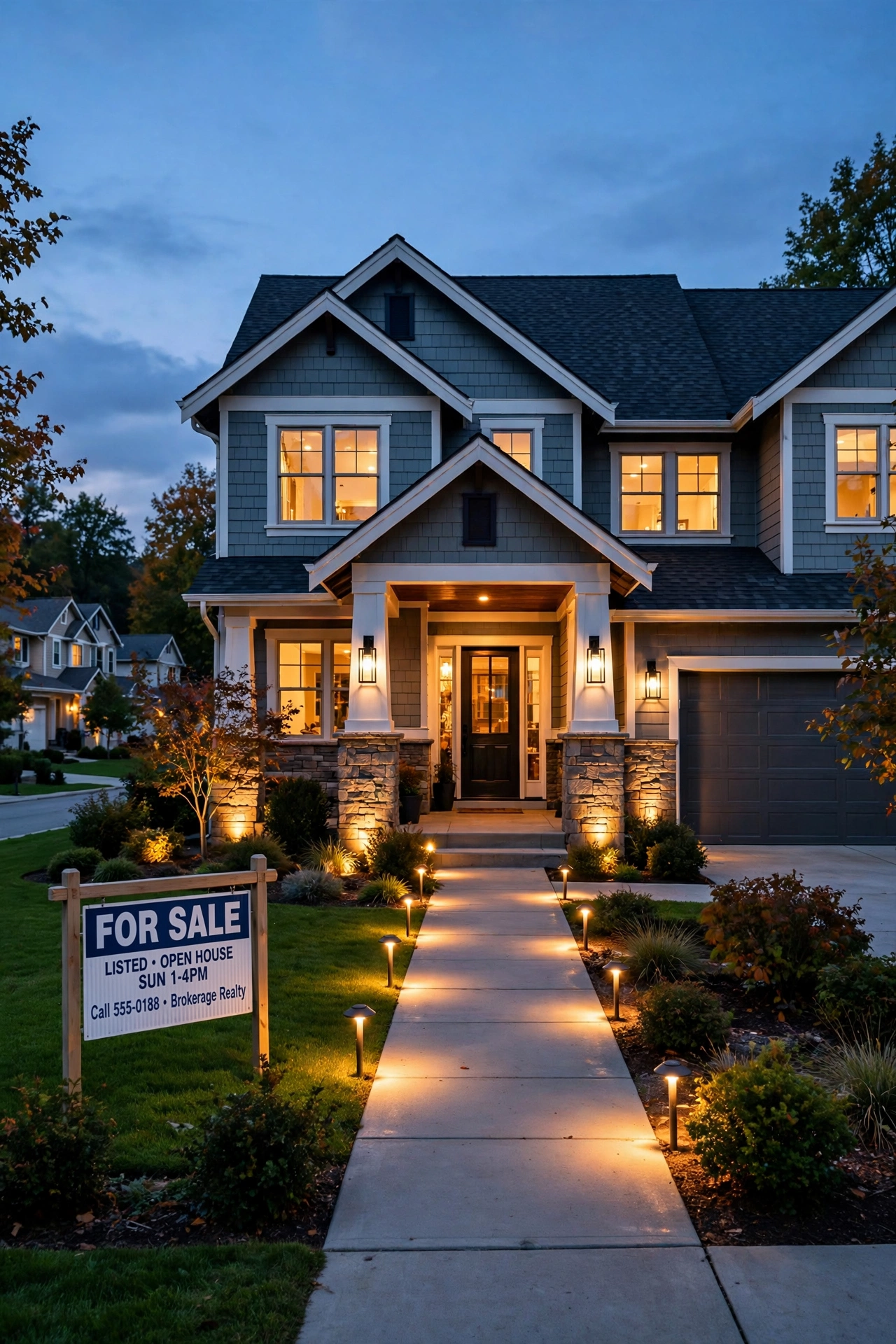 Home with for-sale sign glowing with outdoor lighting curb appeal during evening showing