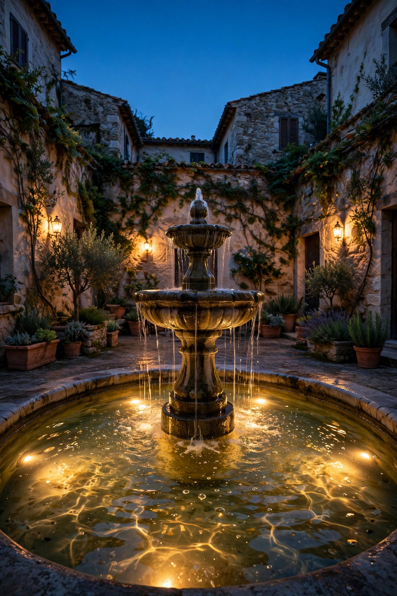 Courtyard fountain glowing softly at dusk with warm underwater lights shimmering through the water
