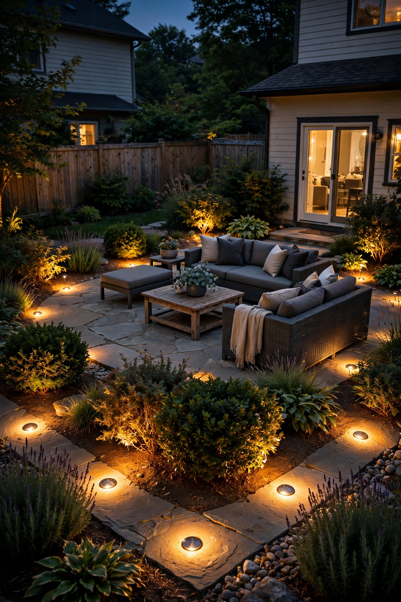 Warm in ground well lights landscape glow framing a patio seating area at night