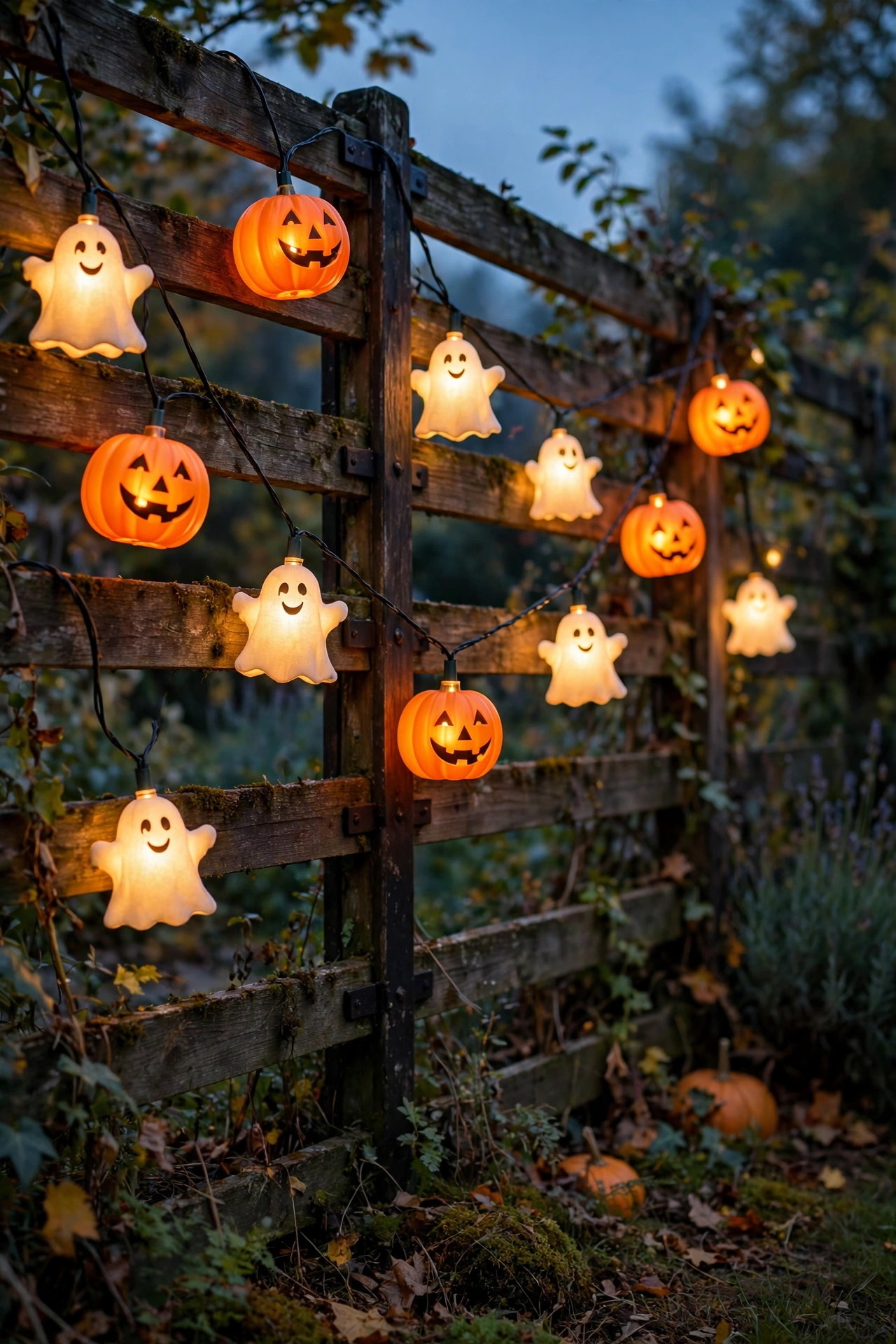 Smiling pumpkin and ghost shaped string lights glowing along a garden fence at dusk